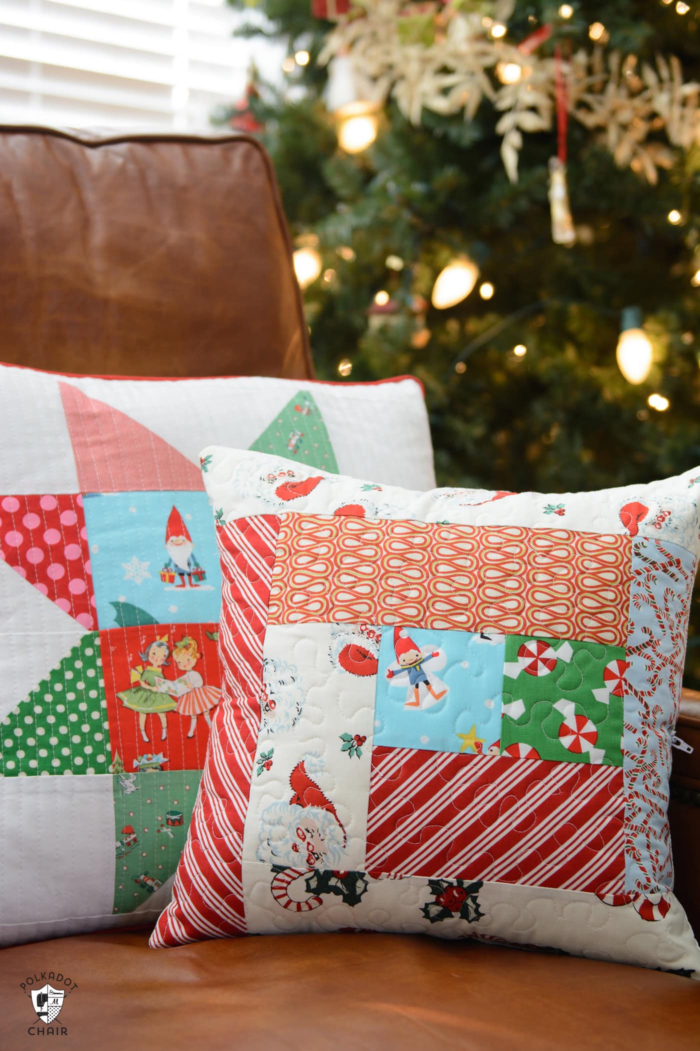 quilted christmas pillow on leather chair