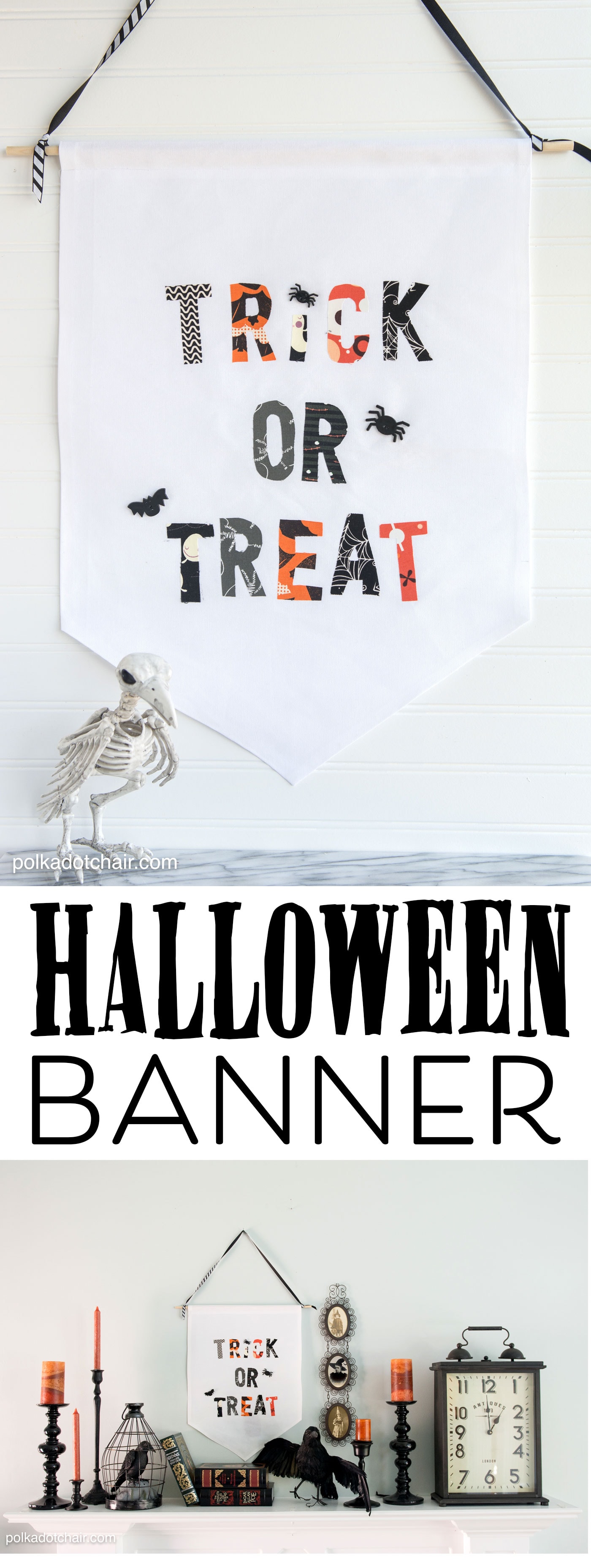 Cute Halloween Trick or Treat Fabric Banner Tutorial by Melissa of polkadotchair.com