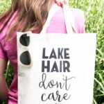 DIY "Lake Hair Don't Care" Stenciled Summer Tote bag with free svg file download by Melissa of polkadotchair.com