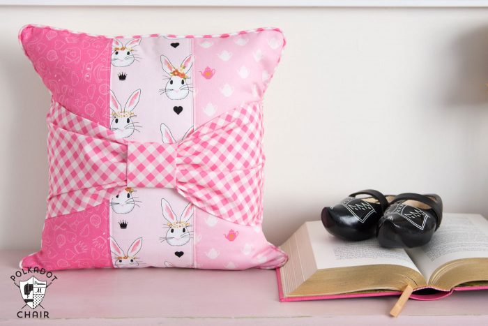 Bow Tie Pillow sewing pattern featuring Wonderland Two fabrics by Melissa Mortenson for Riley Blake Designs 