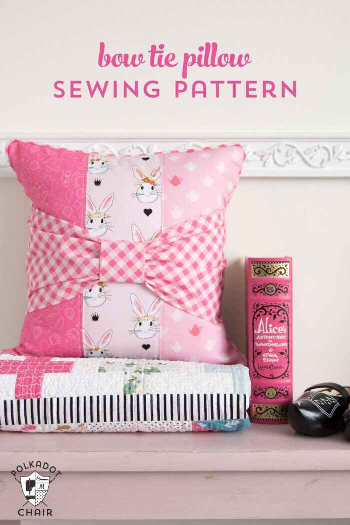 Bow Tie Pillow sewing pattern featuring Wonderland Two fabrics by Melissa Mortenson for Riley Blake Designs 