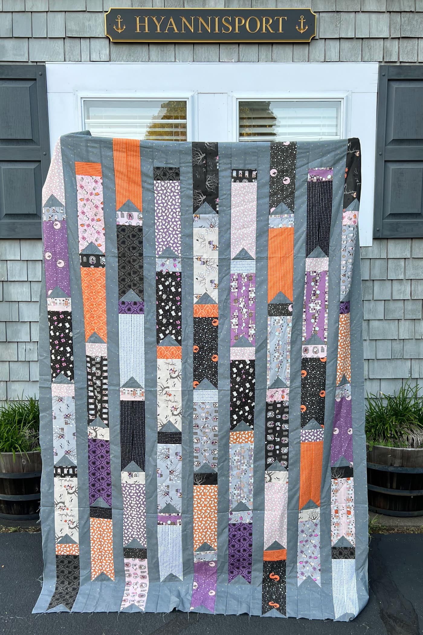 gray halloween quilt outdoors