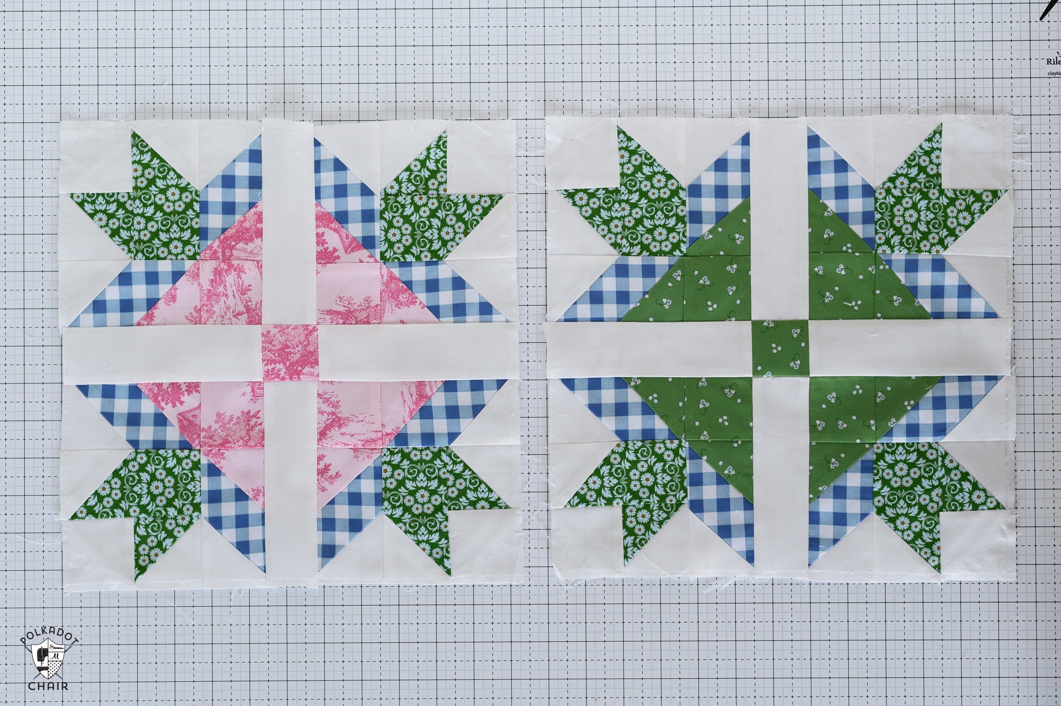 patchwork quilt block in pinks and greens