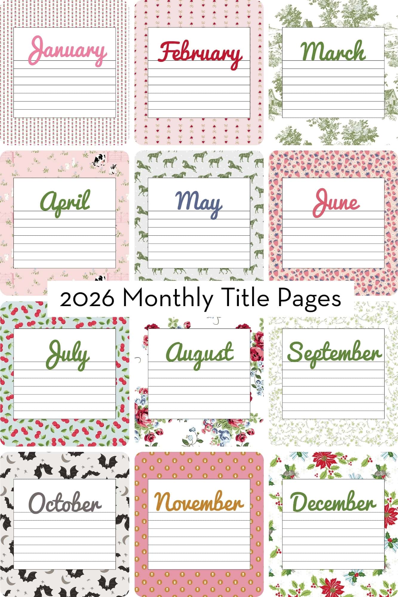 screenshot of all twelve months cover pages in the quilters planner