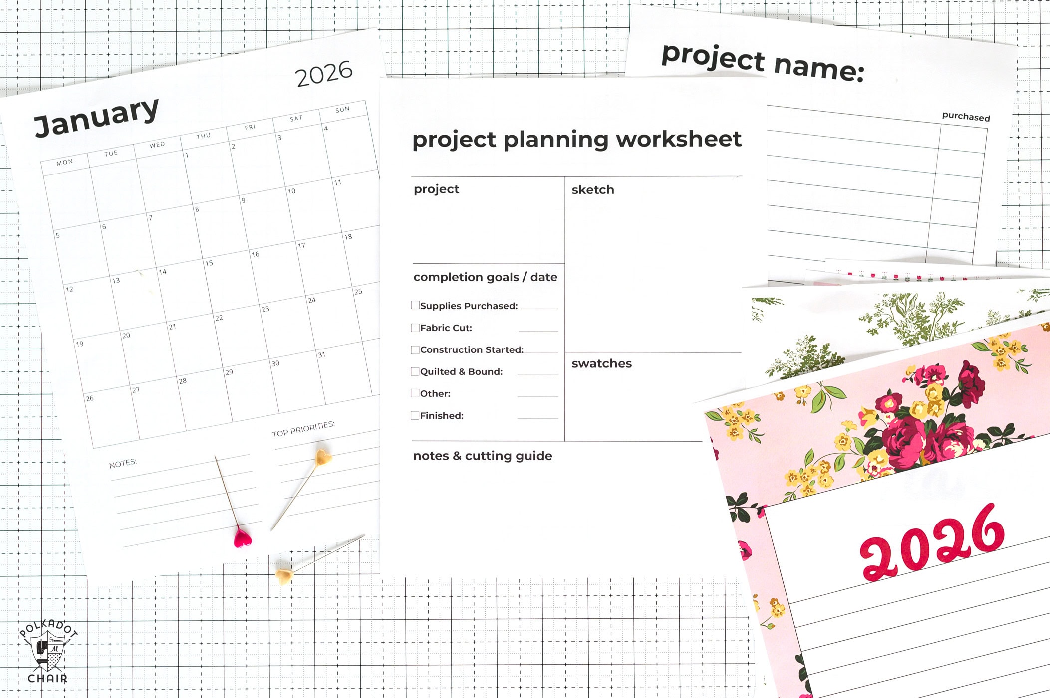 planner pages scattered on table with text overlay