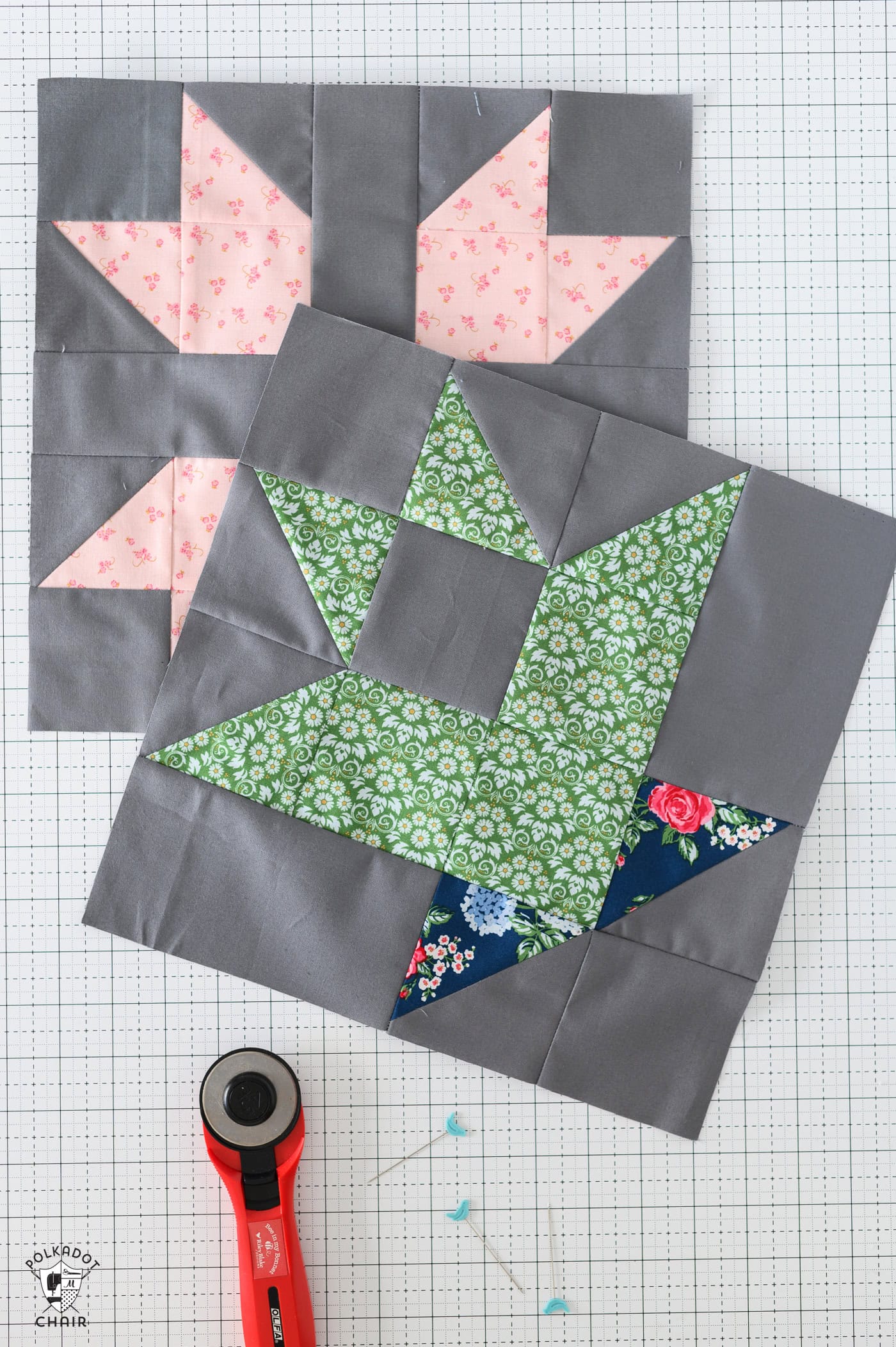 Green and blue basket quilt block on gray background