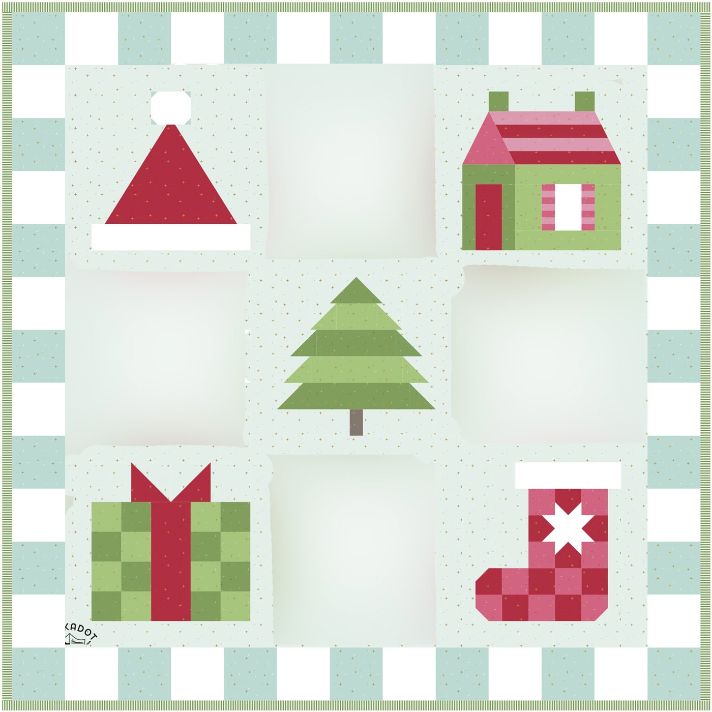 illustration of blue, green pink and red christmas quilt with part of the quilt blurred out