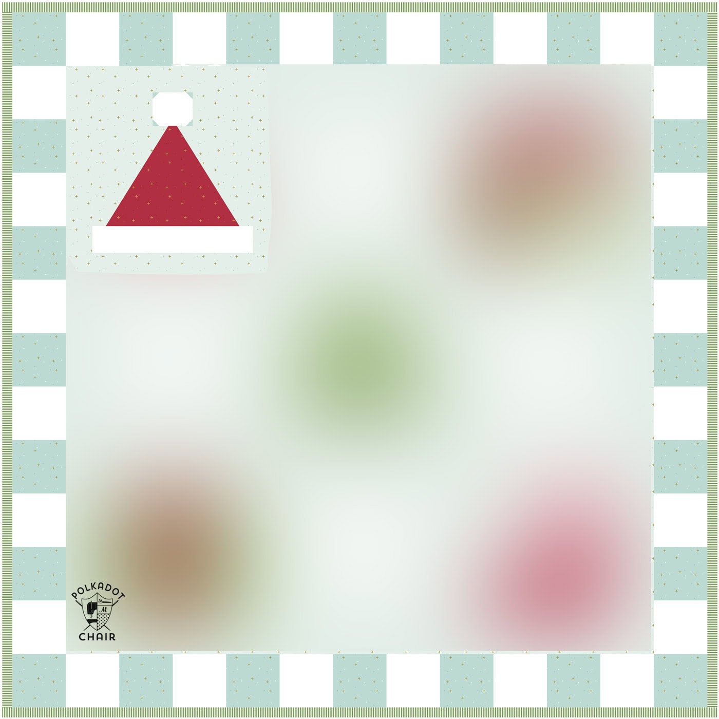 illustration of blue, green pink and red christmas quilt with part of the quilt blurred out