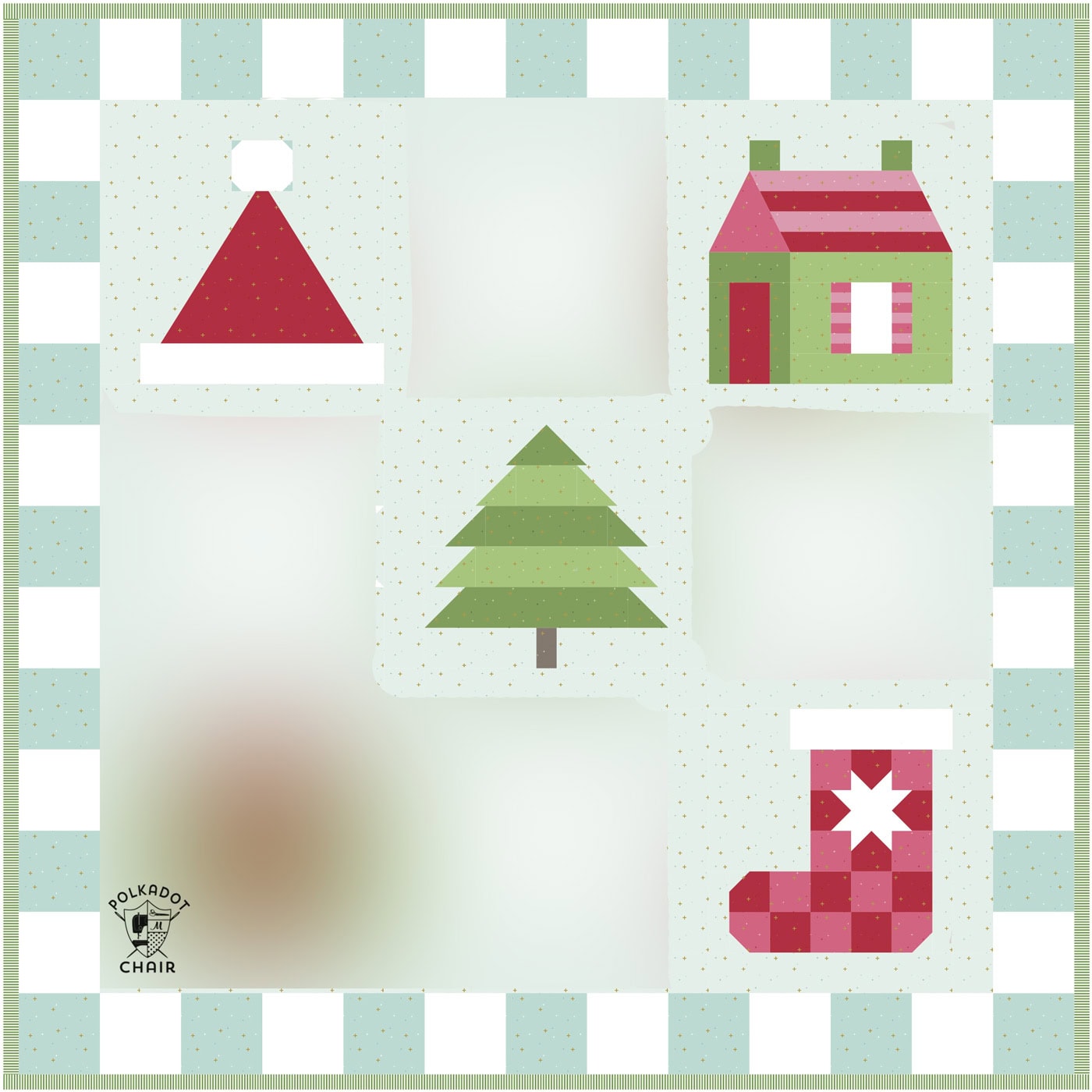 illustration of blue, green pink and red christmas quilt with part of the quilt blurred out