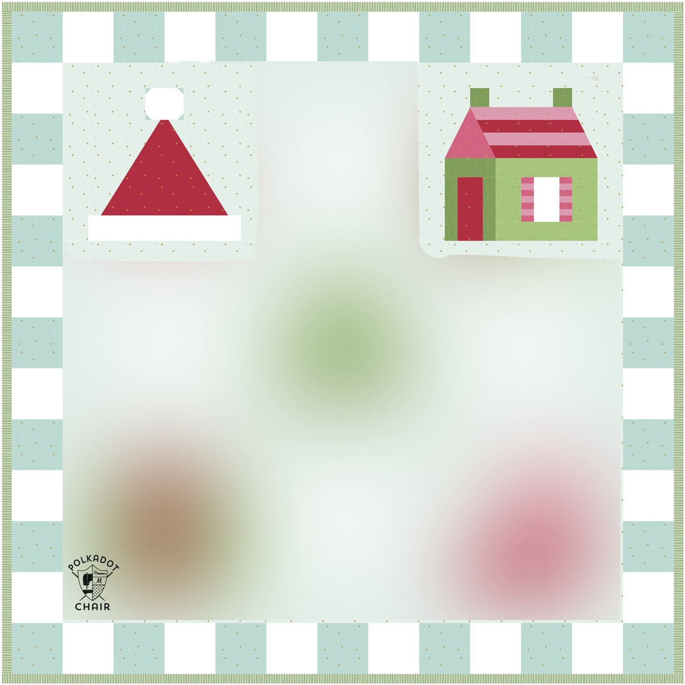 illustration of blue, green pink and red christmas quilt with part of the quilt blurred out