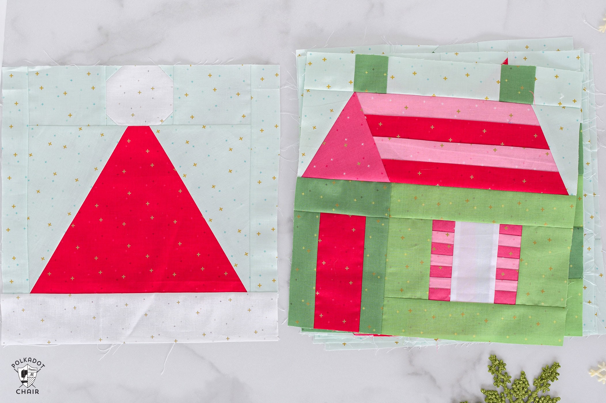 house block and santa hat block on white countertop