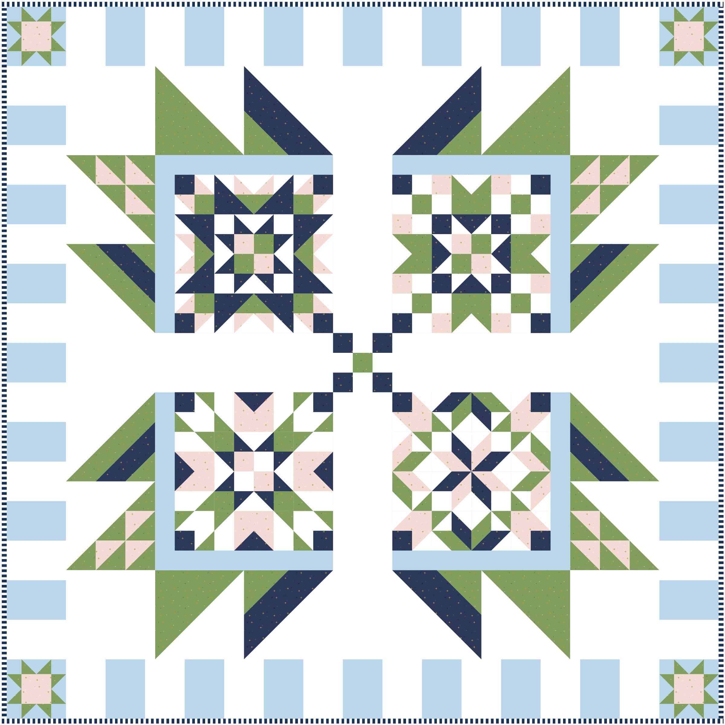 graphic blue, pink navy and green quilt illustration