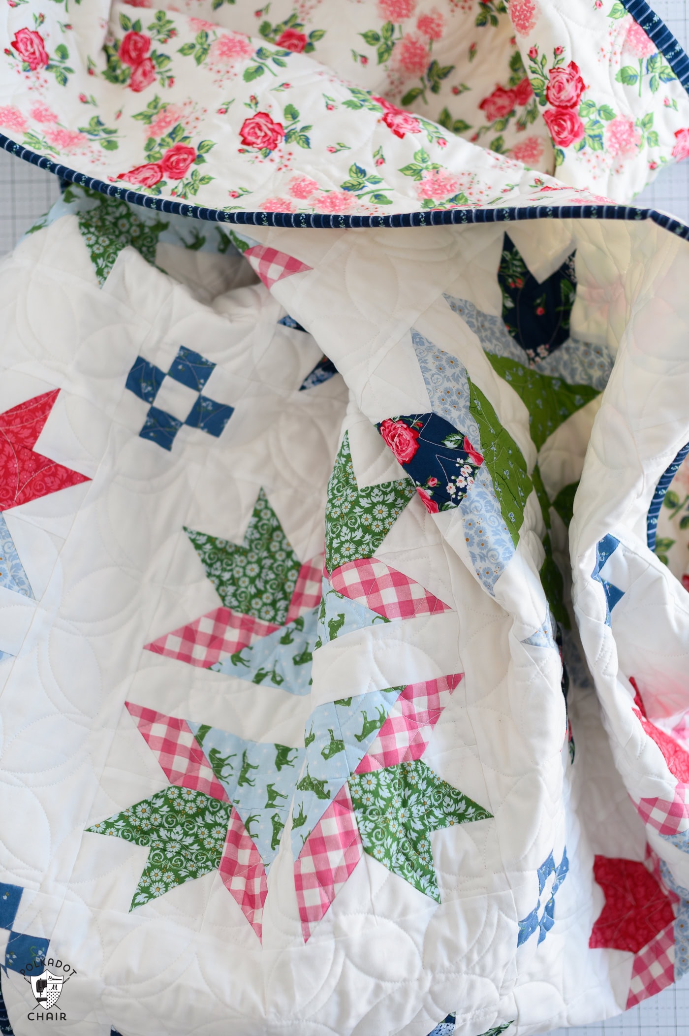 traditional red, green, pink and blue quilt