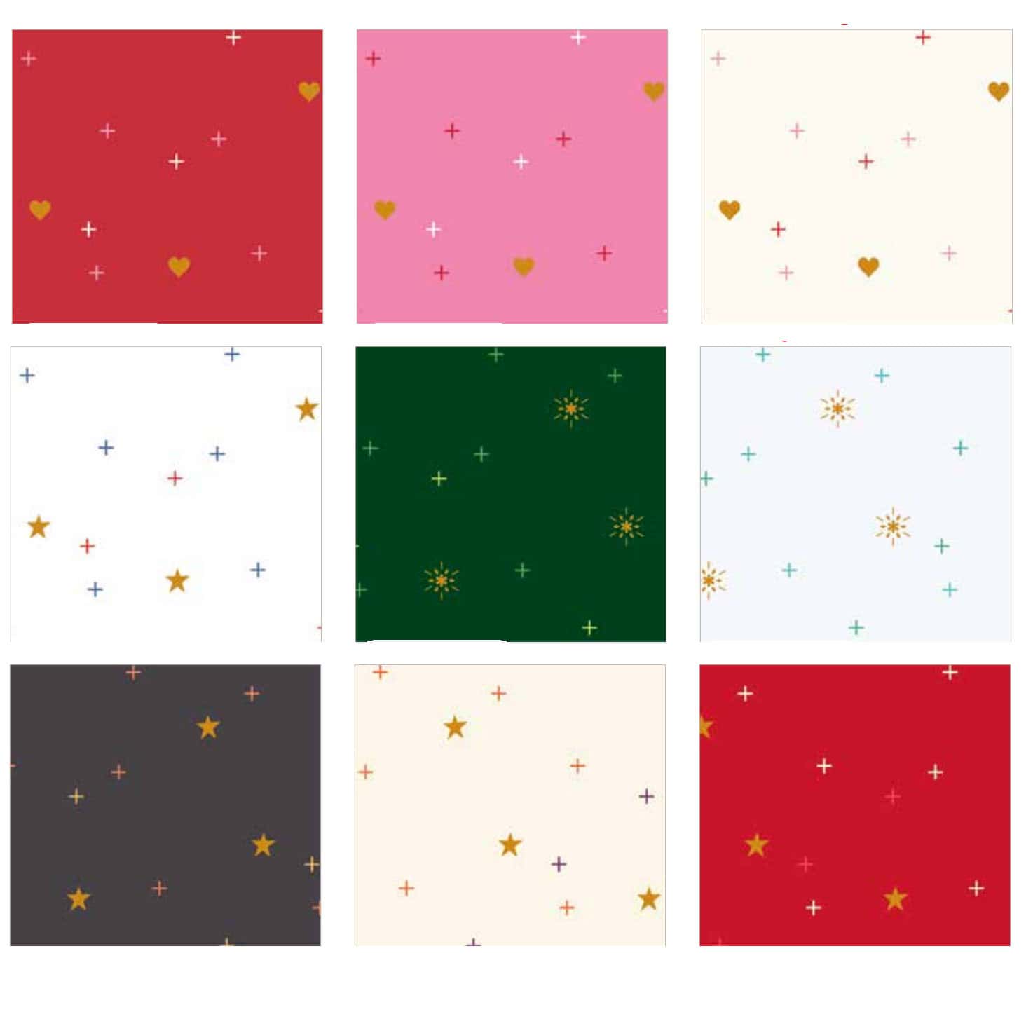 swatches of new prints of sparkler fabric in red, pink gray and ivory