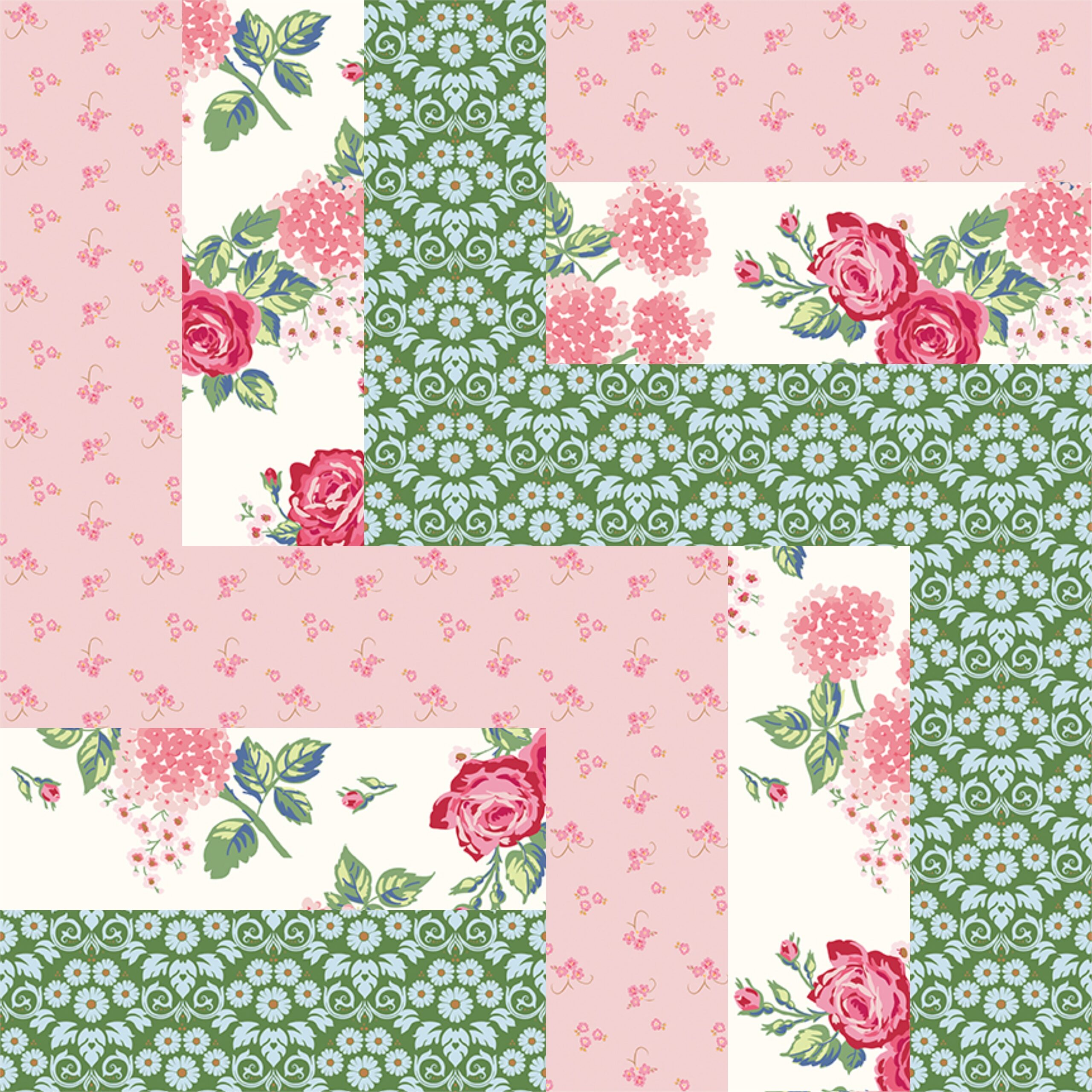 pink and green quilt block on white cutting mat