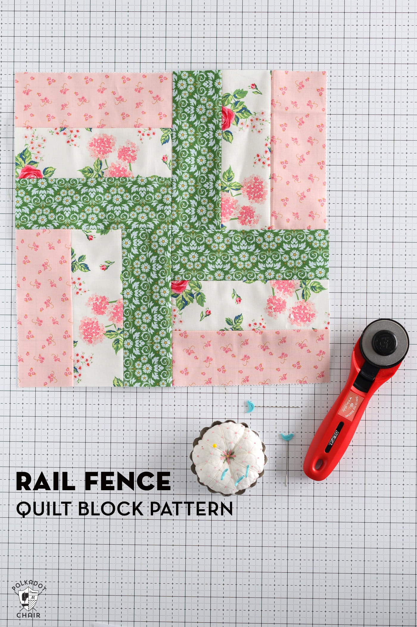 pink and green quilt block on white cutting mat