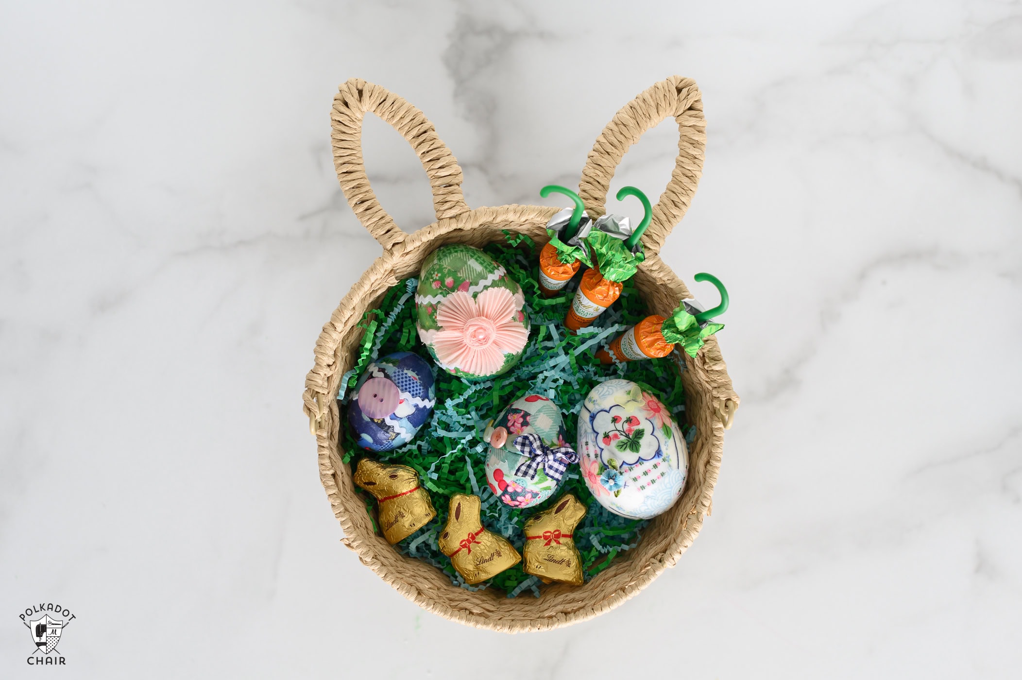 bunny easter basket filled with fabric eggs and easter candy