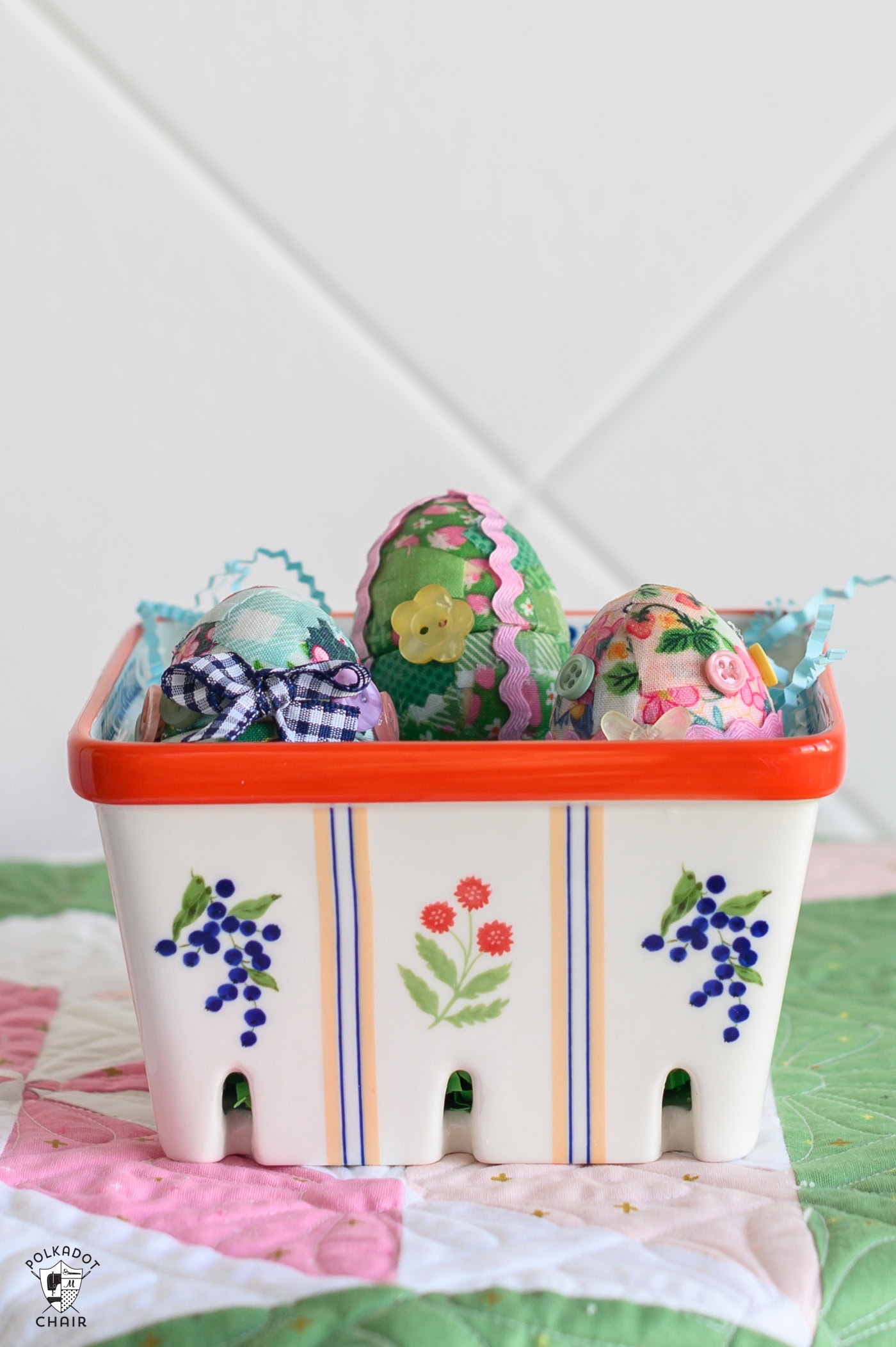 fabric eggs in berry basket