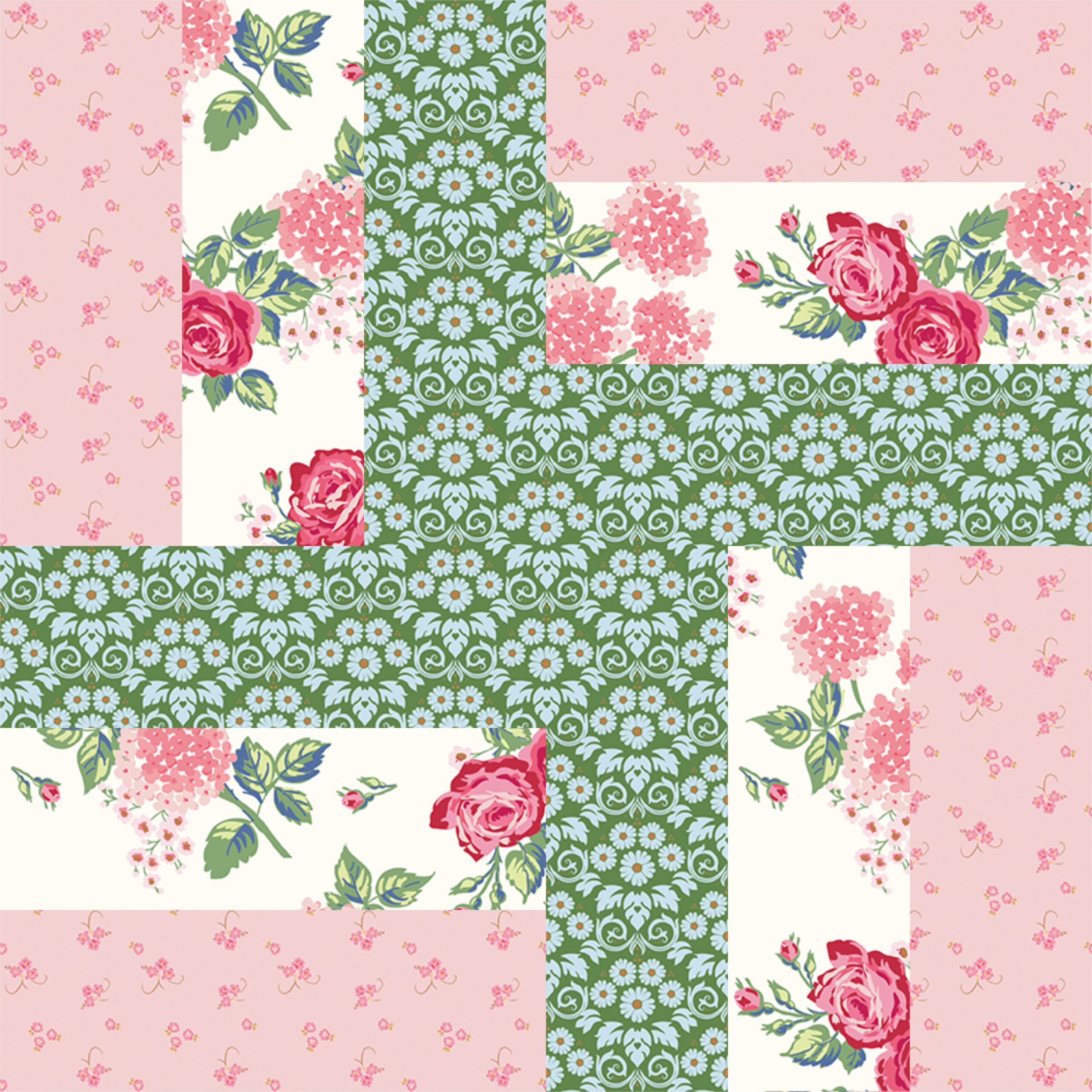 pink and green quilt block on white cutting mat