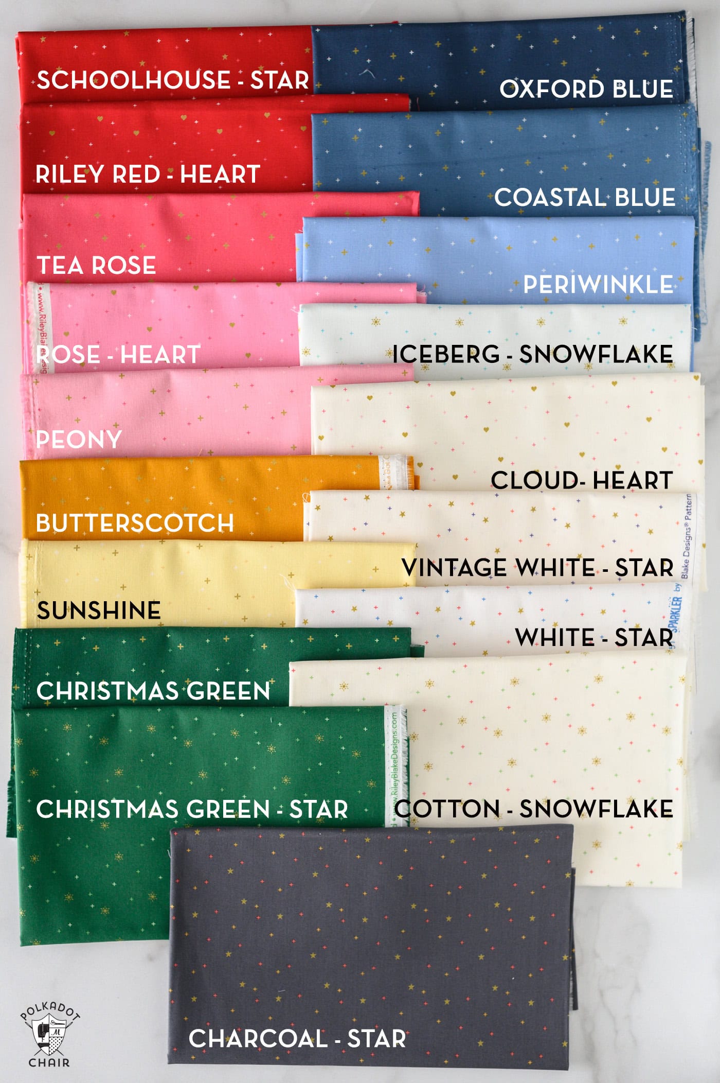 swatches of sparkler fabrics in bright colors on white table with labels