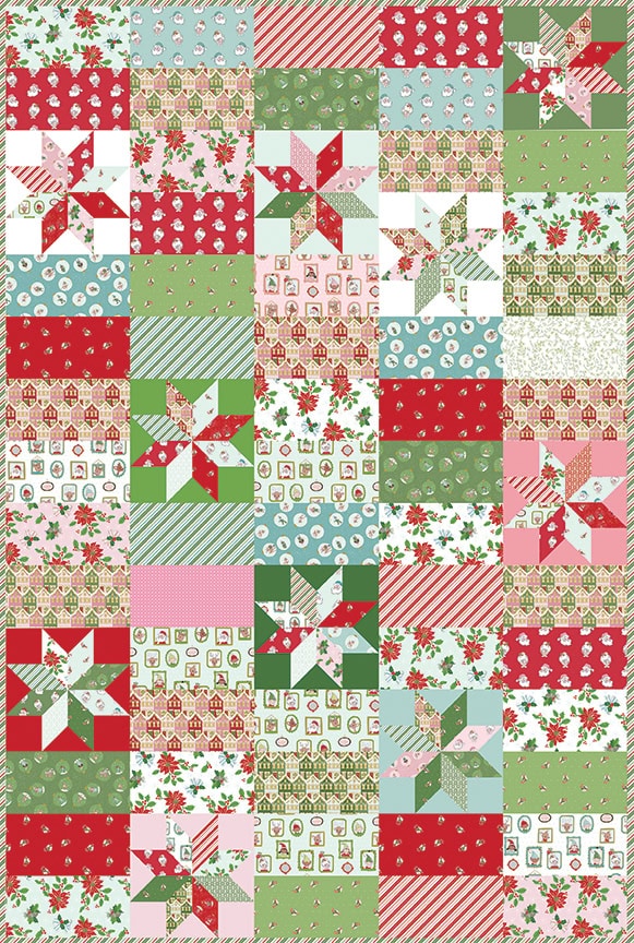 cheater christmas quilt in star print, features red, aqua green and pink colors with stacked rectangle quilt blocks