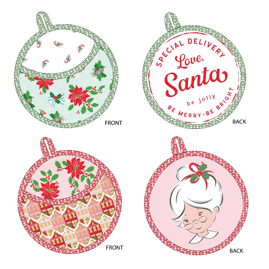 mockup of christmas pot holders in aqua, green and red.