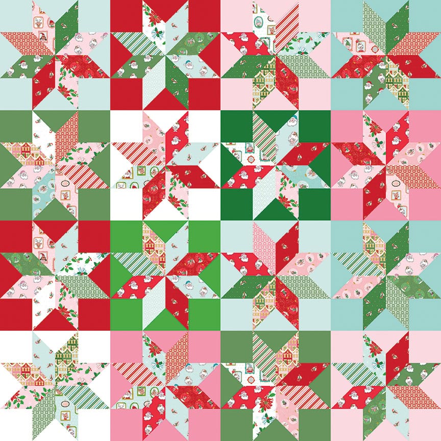 cheater christmas quilt in star print, features red, aqua green and pink colors
