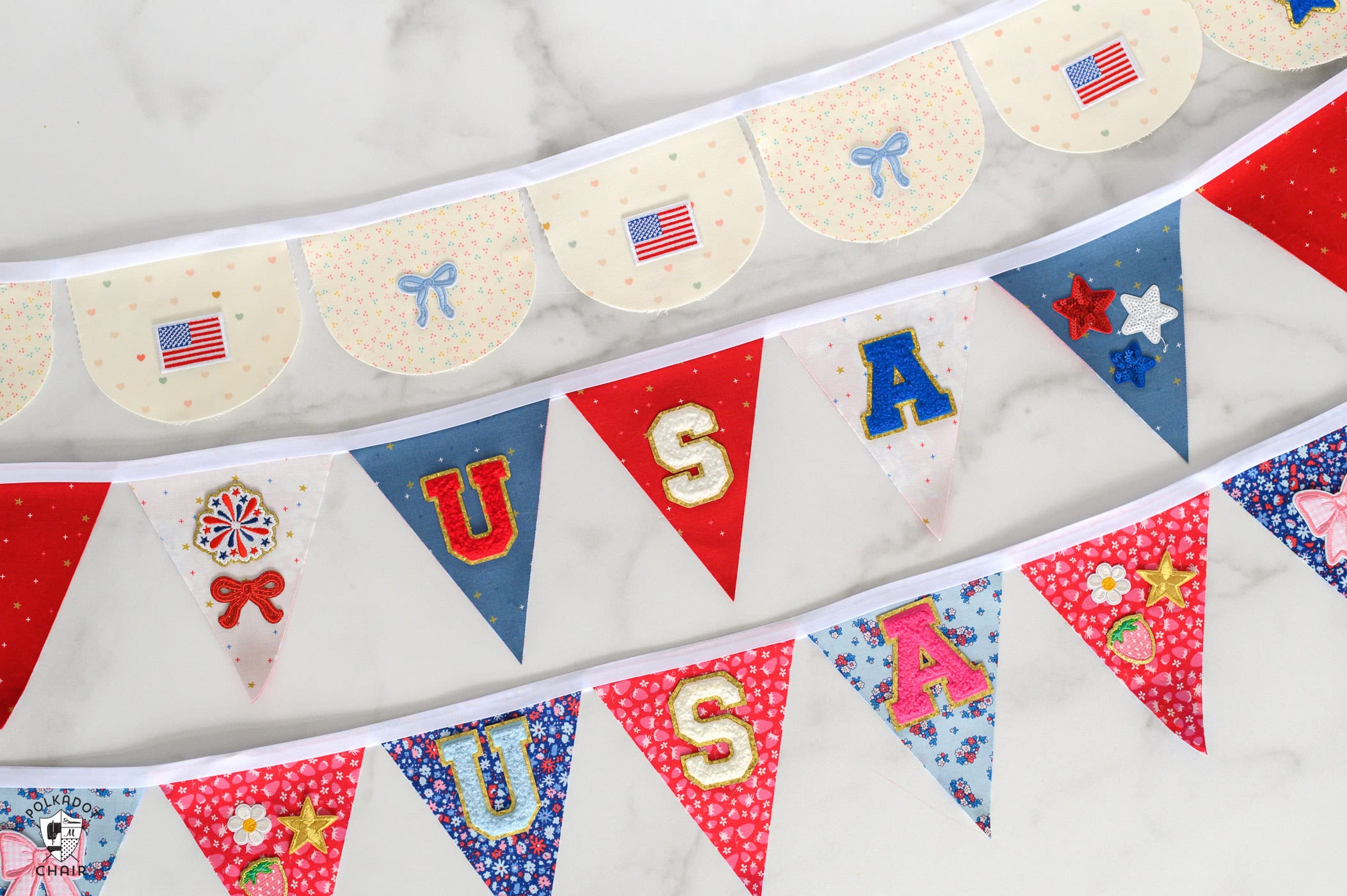 Festive USA-themed fabric banners with polka dots, stars, and patriotic colors for celebrations.