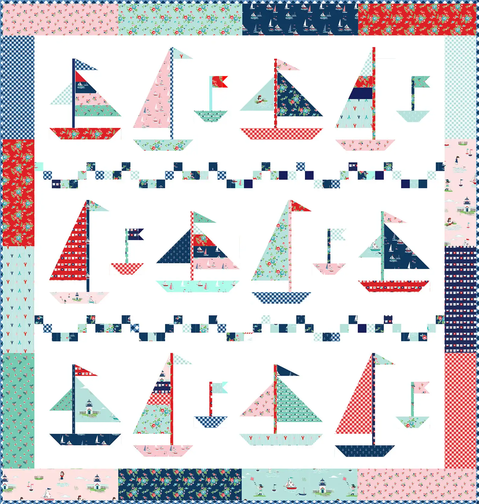 sketch of sailboat quilt in reds, blues, aquas and pinks
