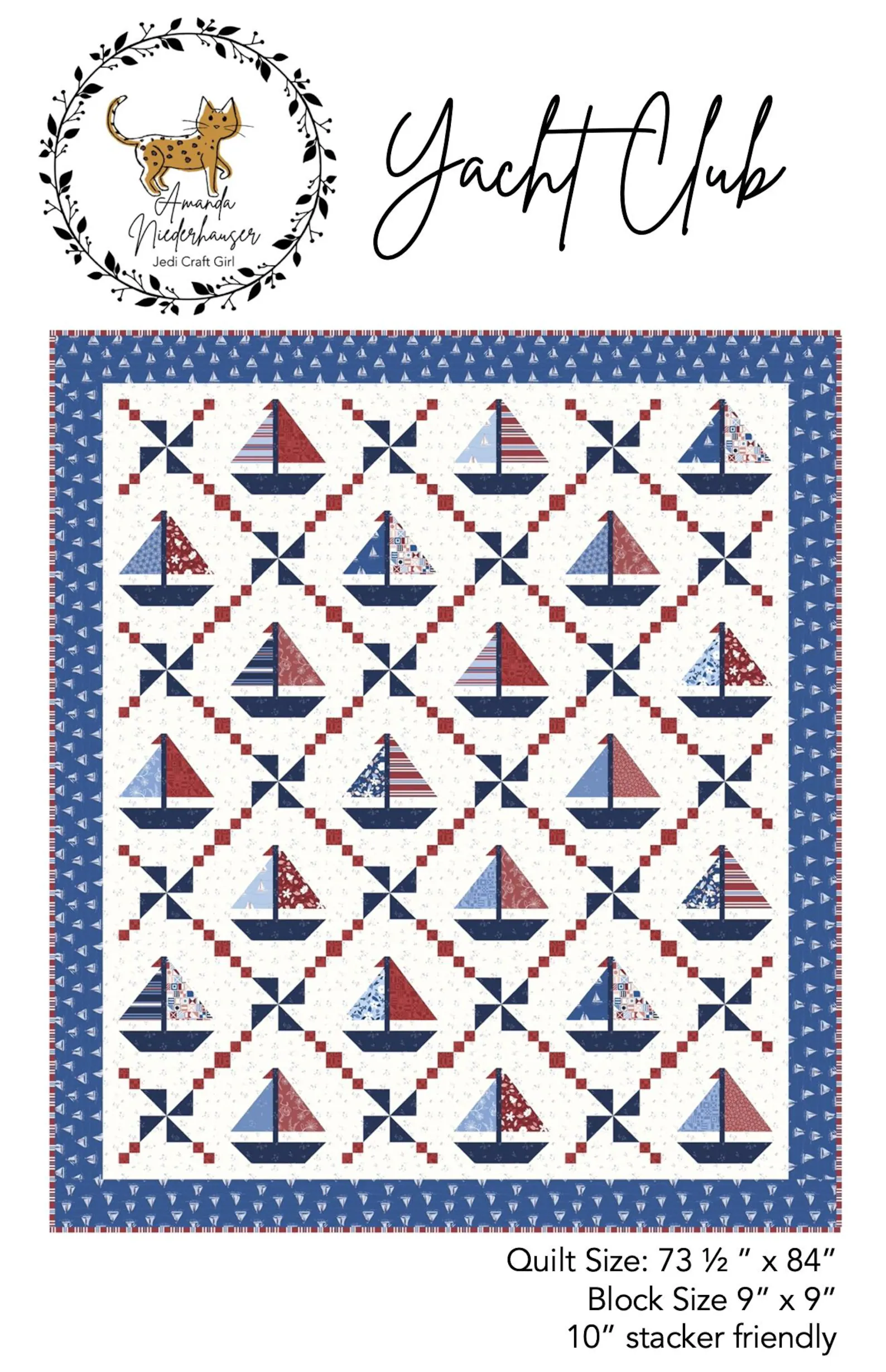 sketch of sailboat quilt in red white and blue