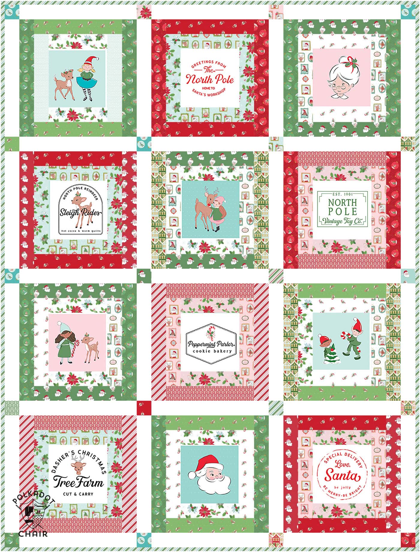 Festive Christmas quilt blocks with Santa, reindeer, and holiday motifs.