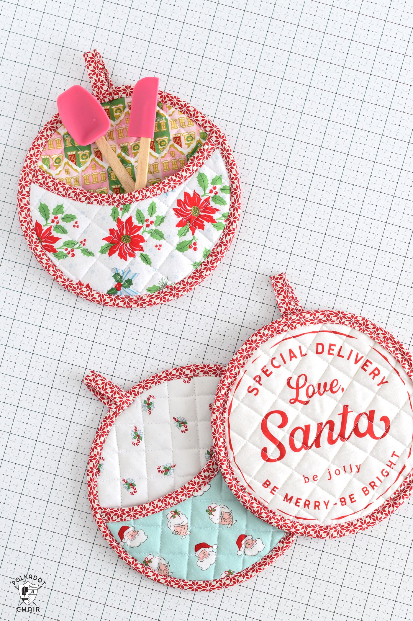 round christmas pot holders sewn on cutting mat