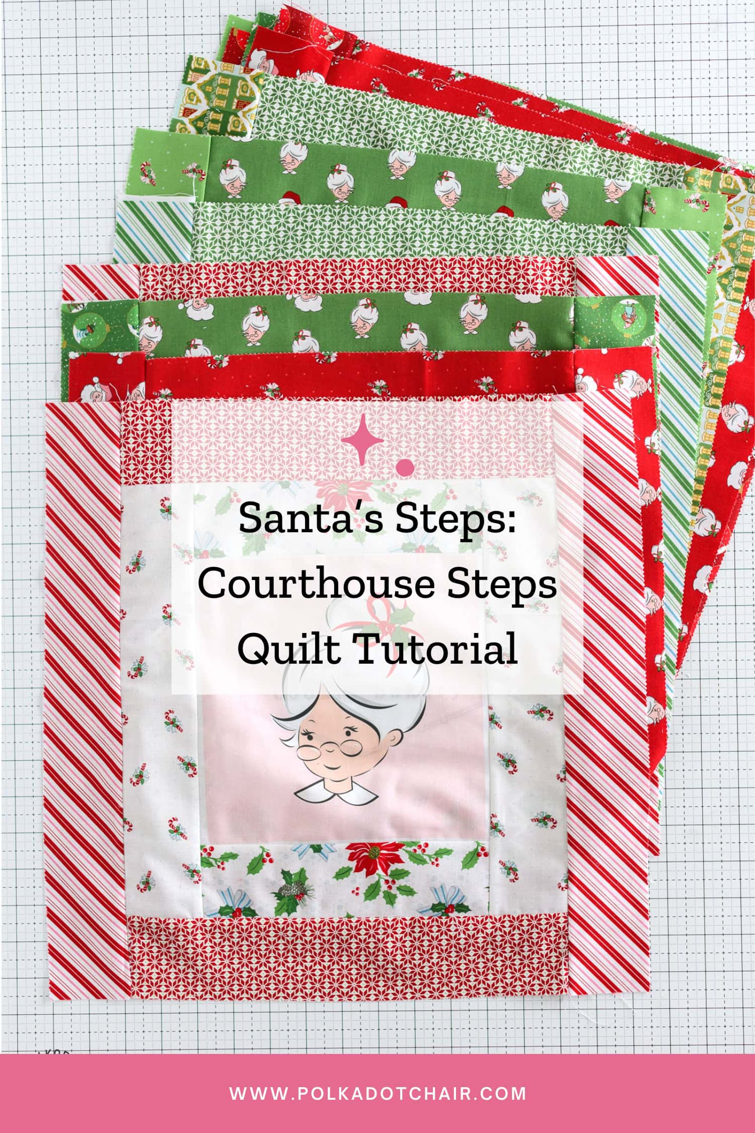 stack of colorful red, green and pink courthouse steps quilt blocks on a white cutting mat