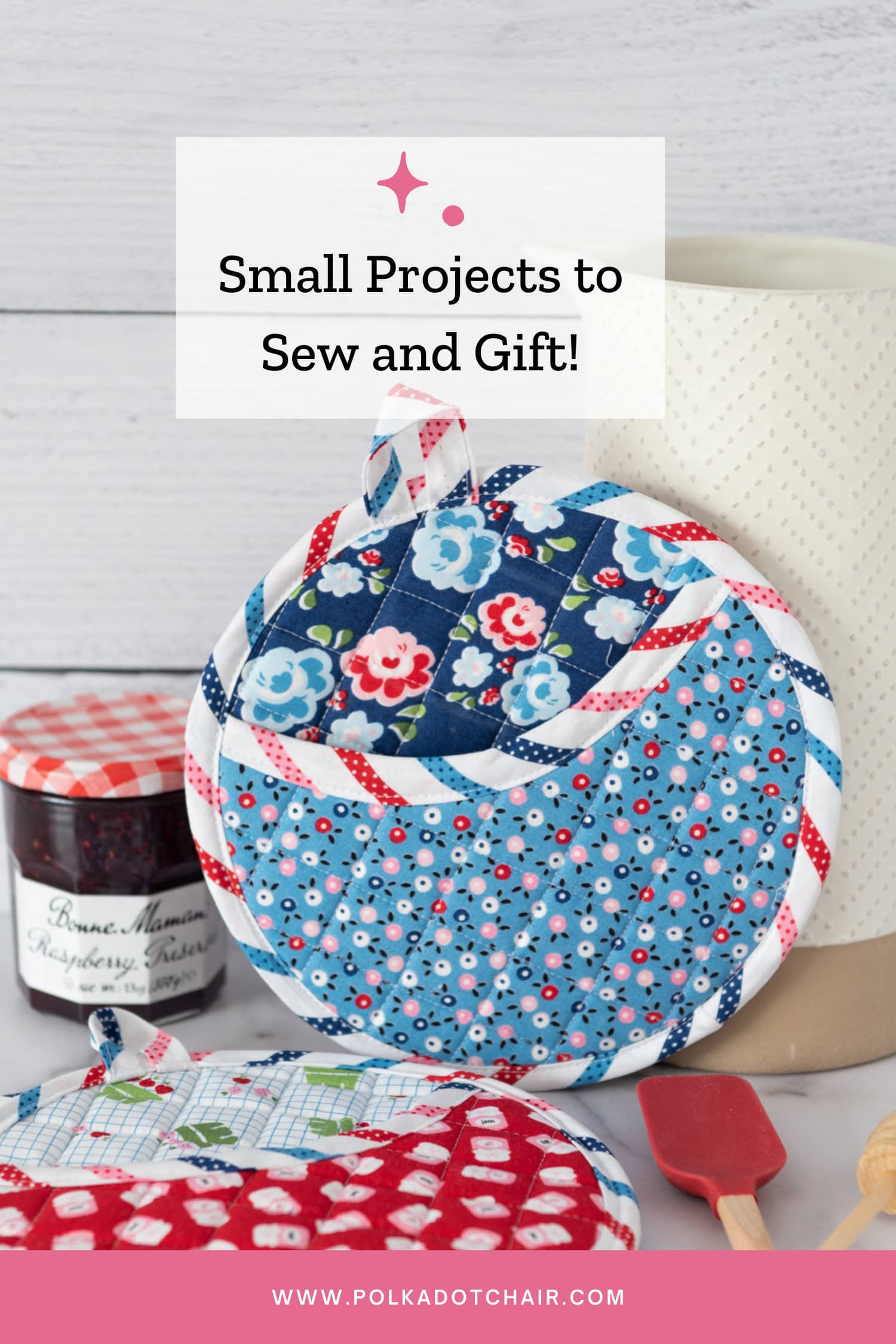 round pot holder in blue and red with jam on kitchen counter with text overlay