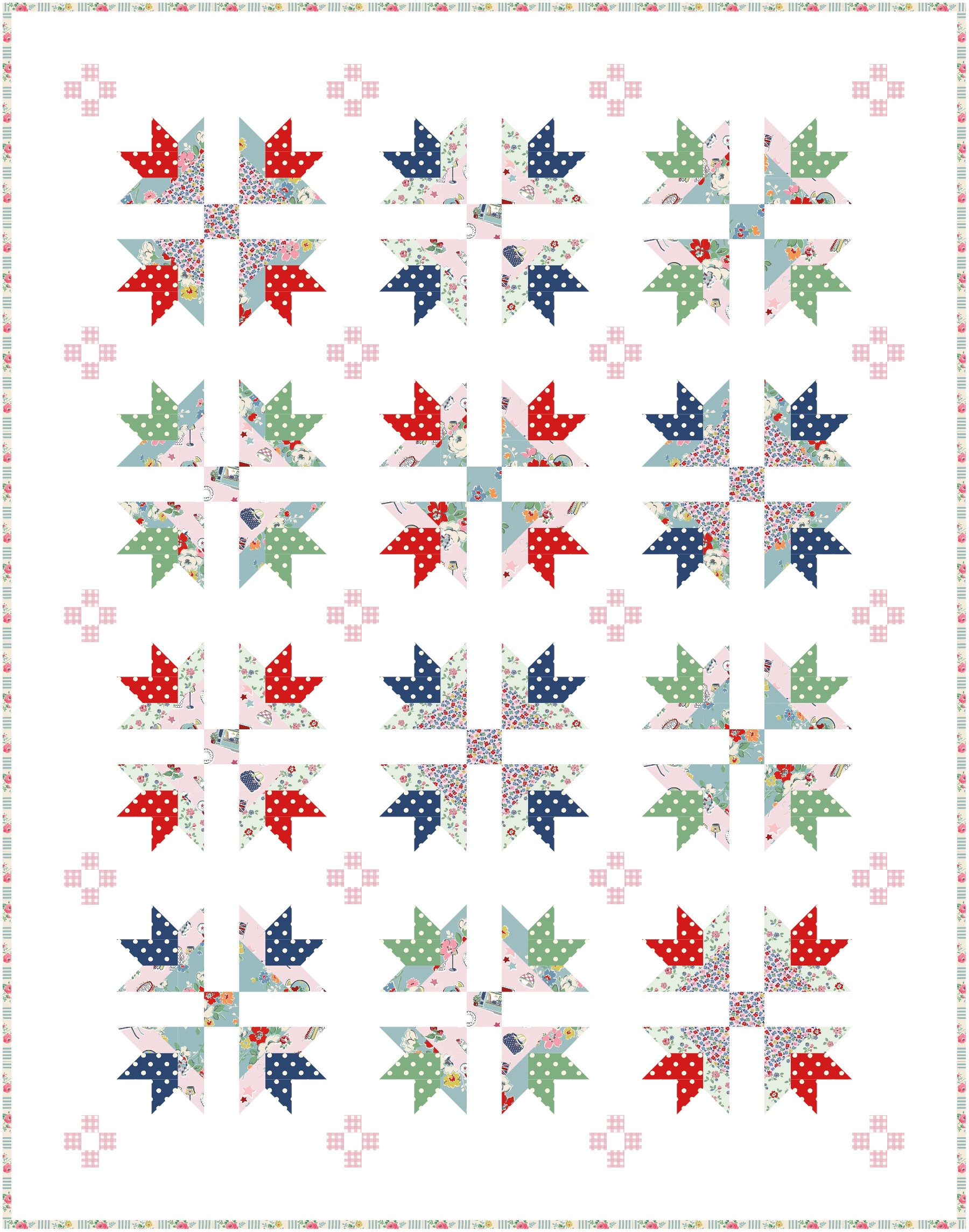 mockup of the bluegrass crossing quilt with cath kidston fabrics in blue, aqua, pink and red