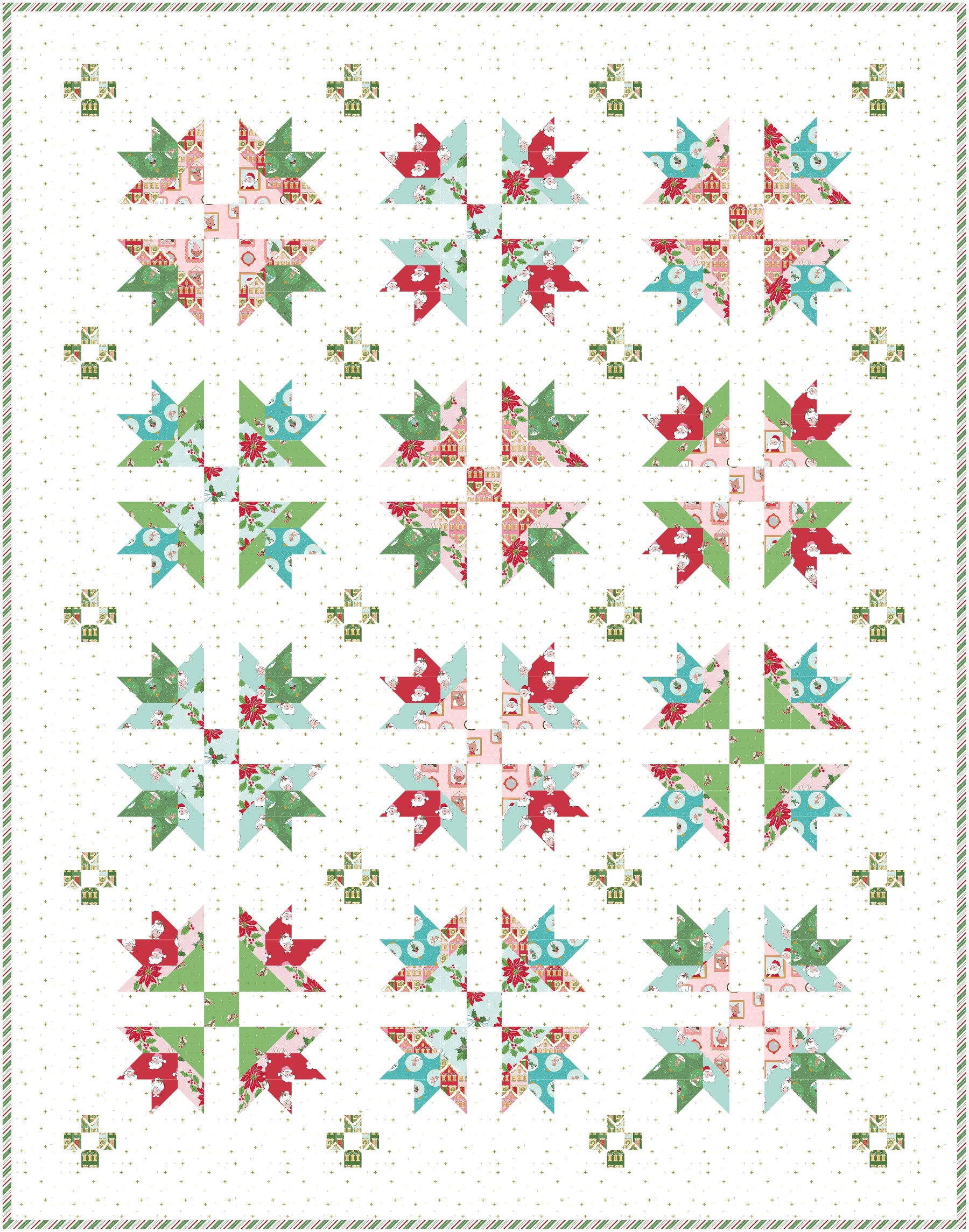 mockup of the bluegrass crossing quilt with Claus & Co fabrics in blue, aqua, pink and red