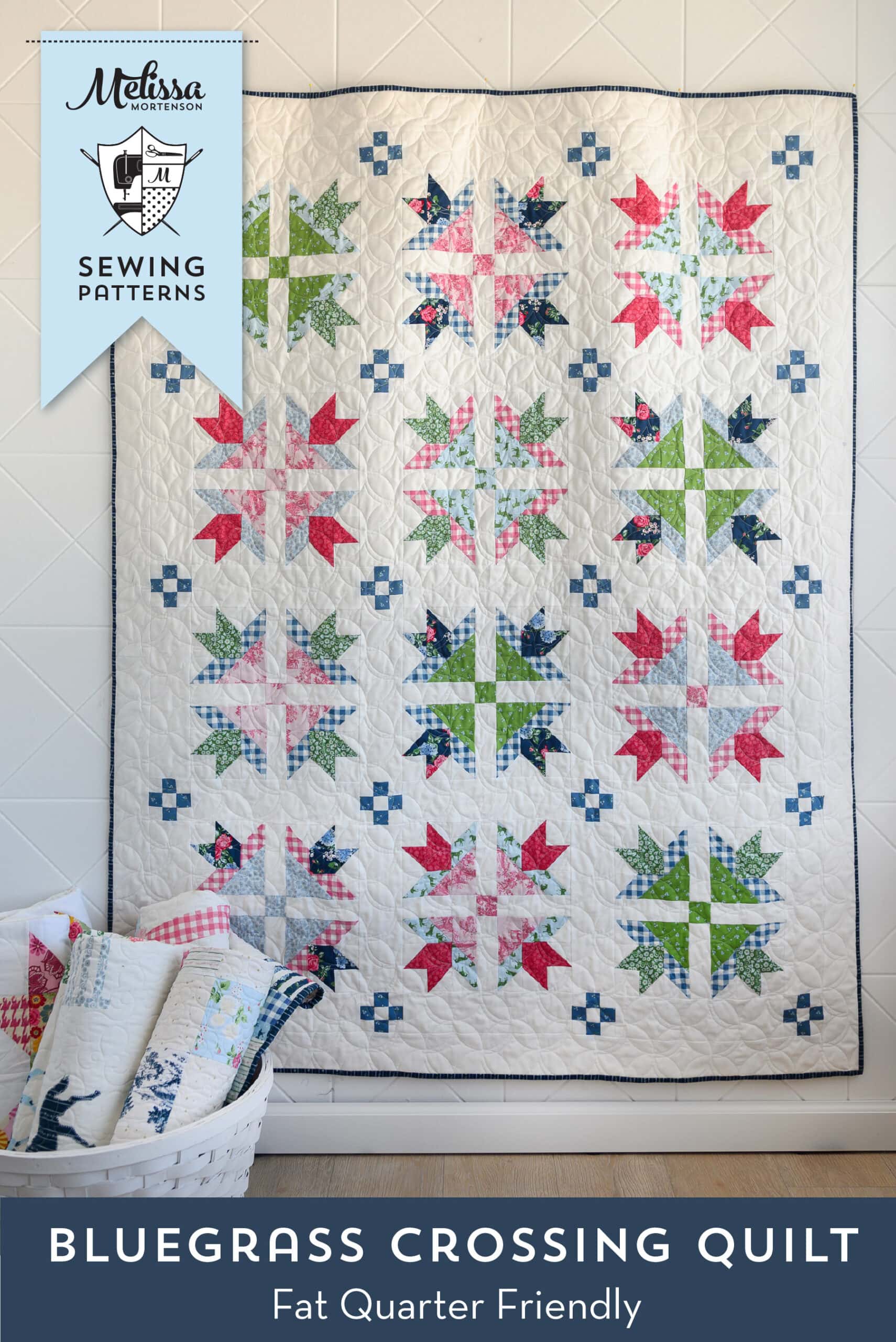 pattern cover for the bluegrass crossing quilt traditional quilt with red, pink, blue and white