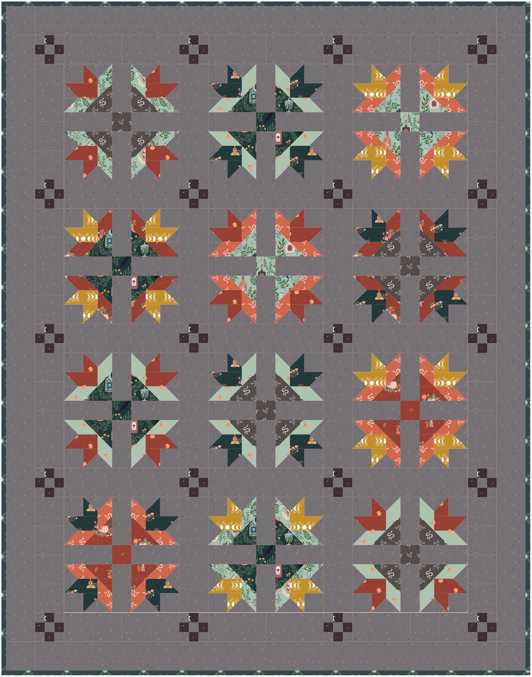 Bluegrass Crossing quilt mockup in halloween fabrics in gray, ivory, orange, teal and yellow