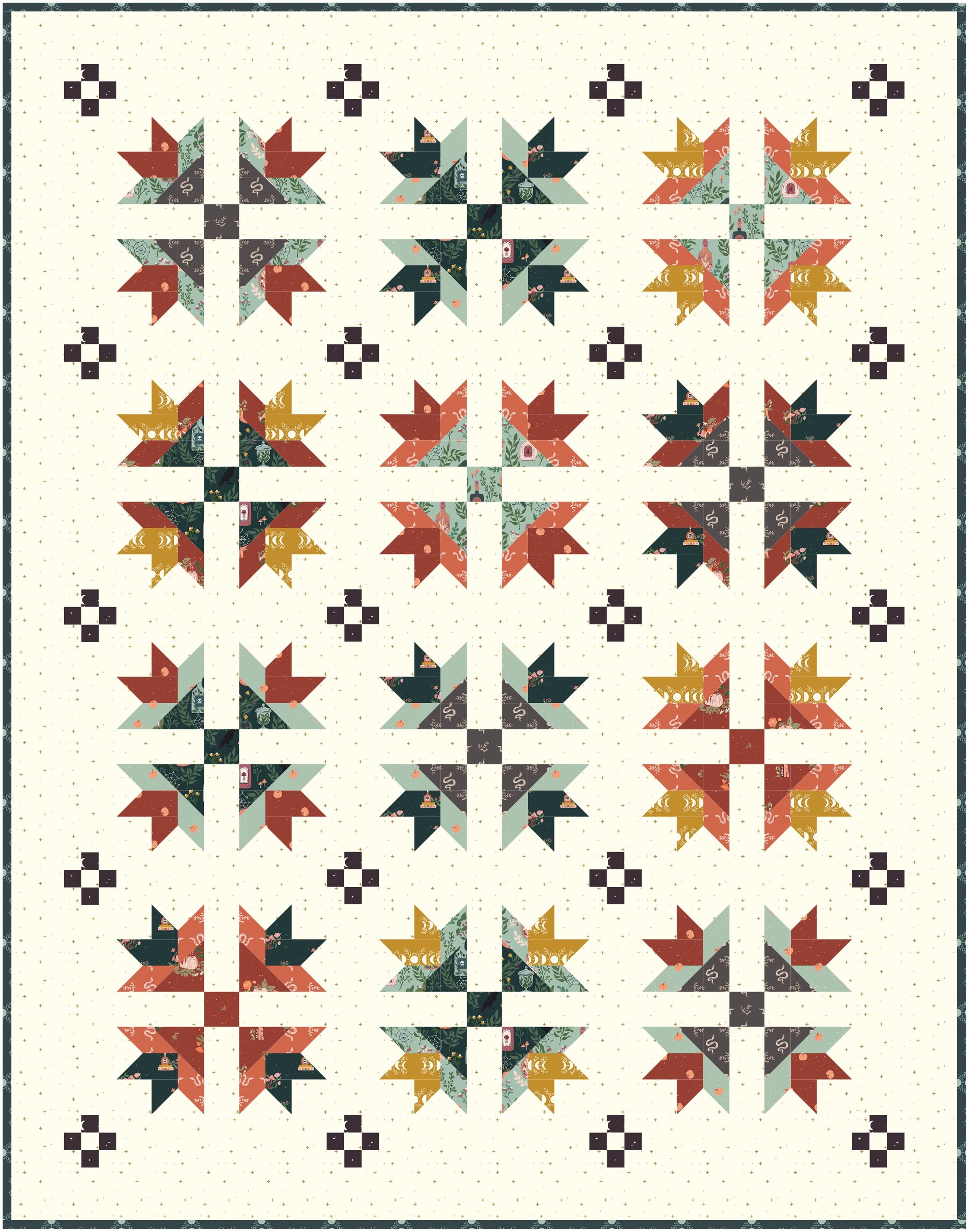 Bluegrass Crossing quilt mockup in halloween fabrics in gray, ivory, orange, teal and yellow