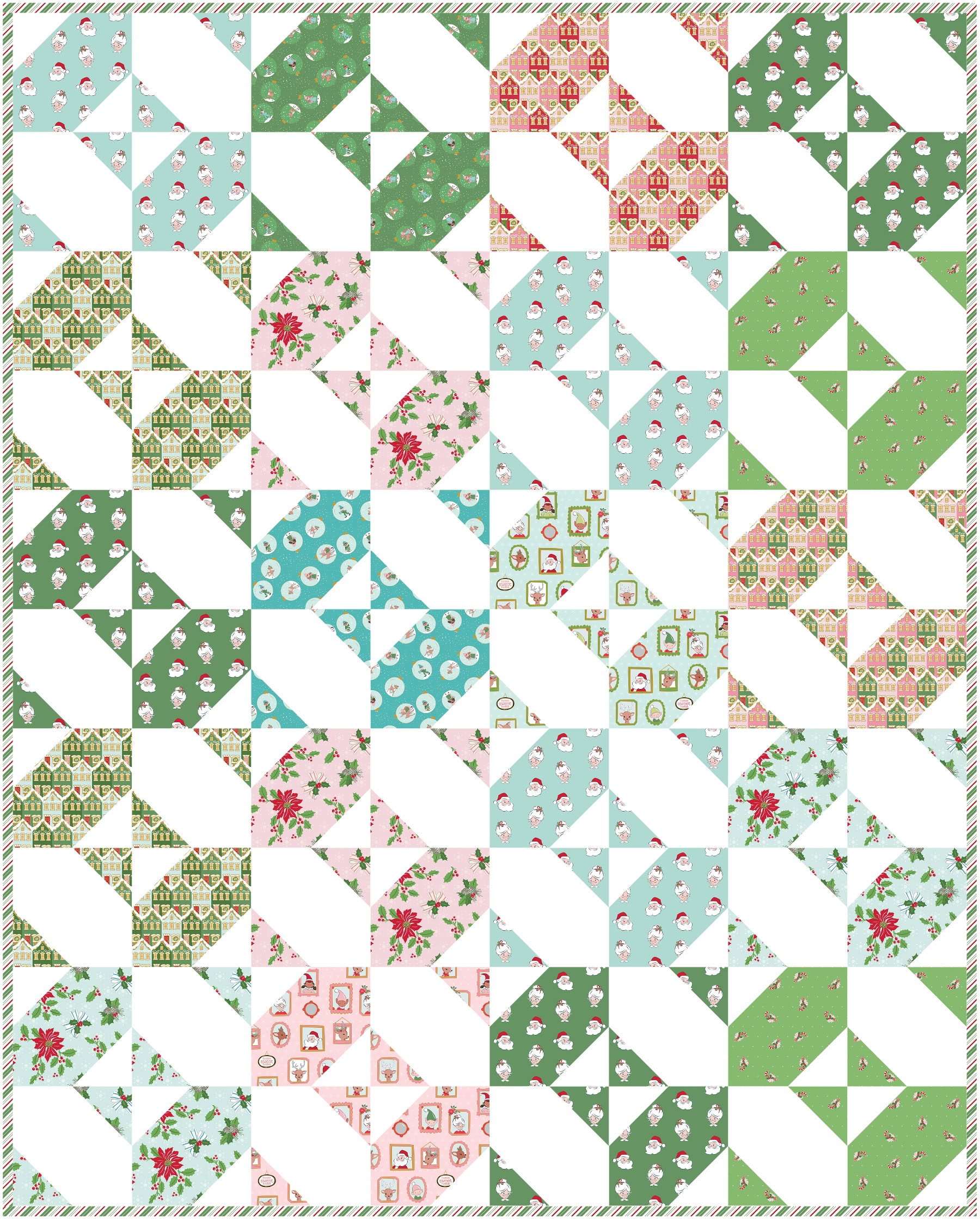 mockup of triangle of squares quilt block in christmas fabrics in blue, green and pink