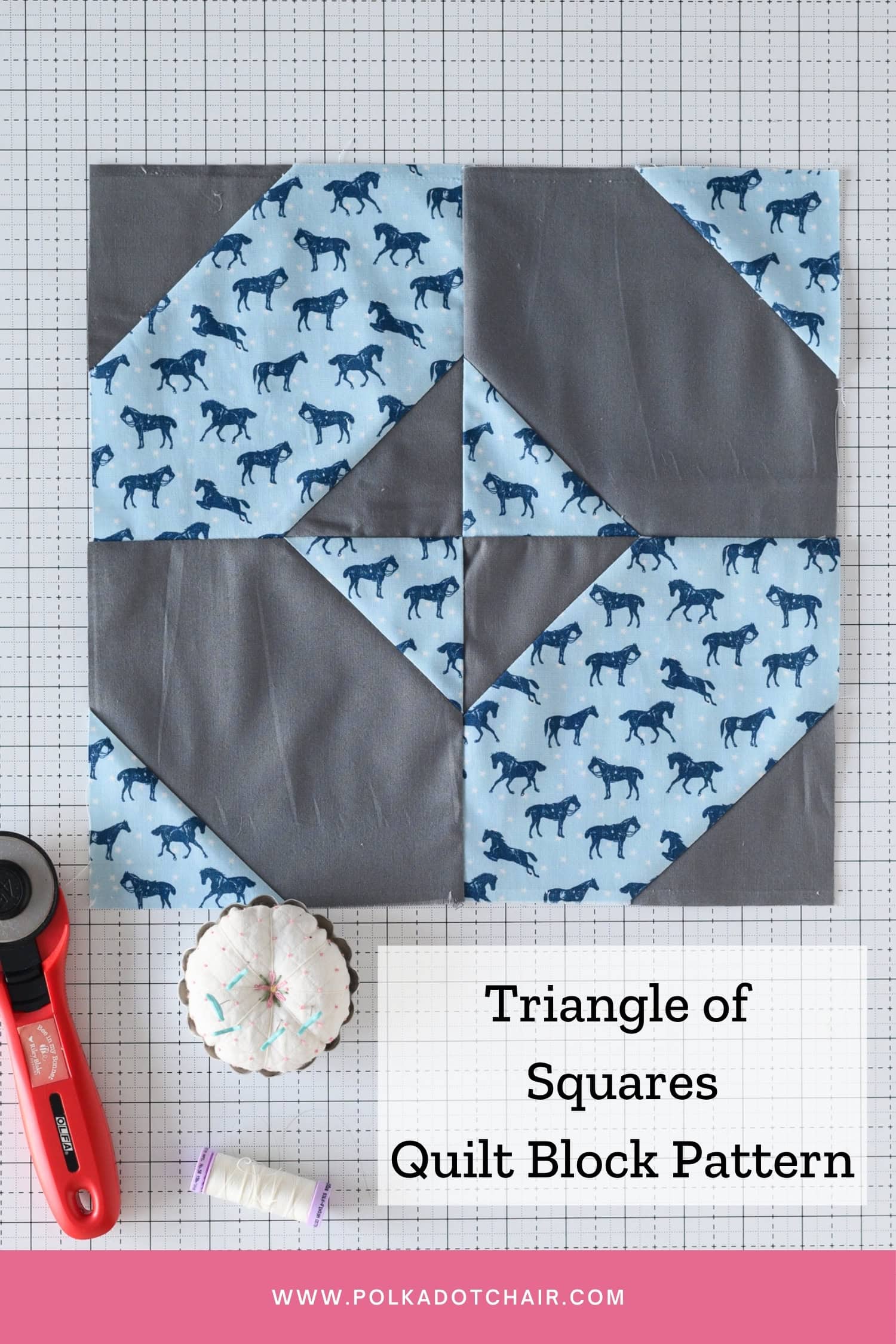 gray and blue quilt block on white cutting mat with text overlay