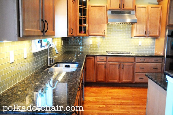 Seafoam Green Subway Tile Backsplash Kitchen With White Cabinets