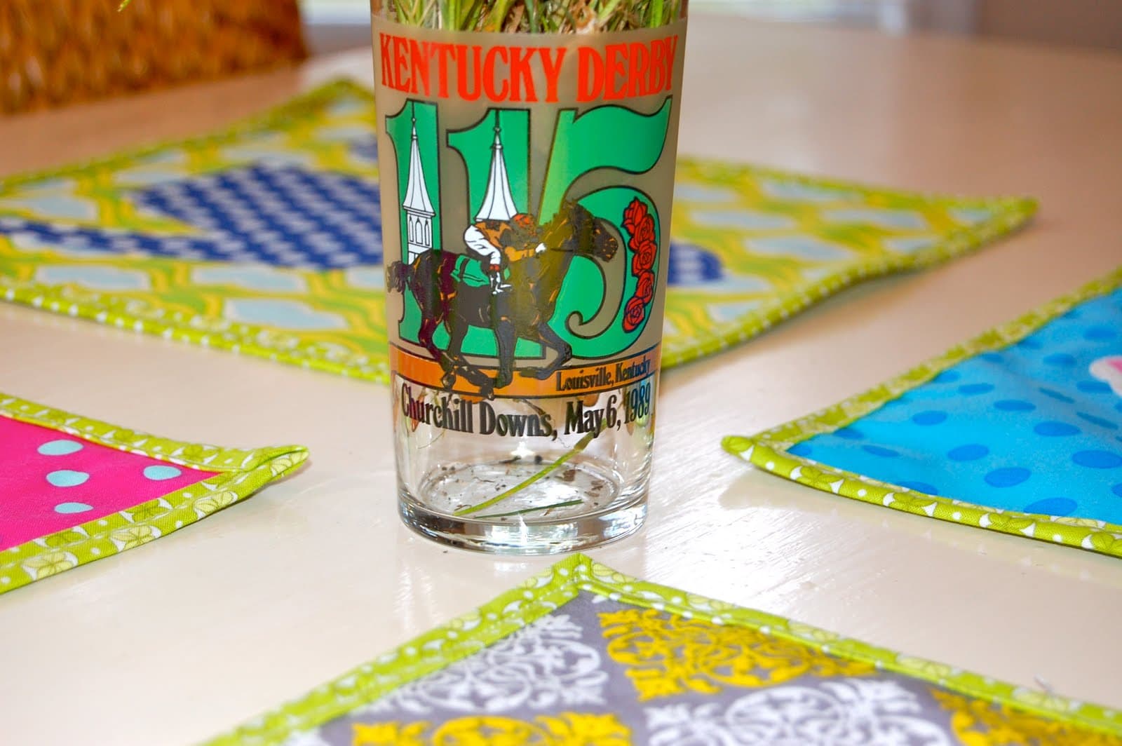 close up of derby glasses on table