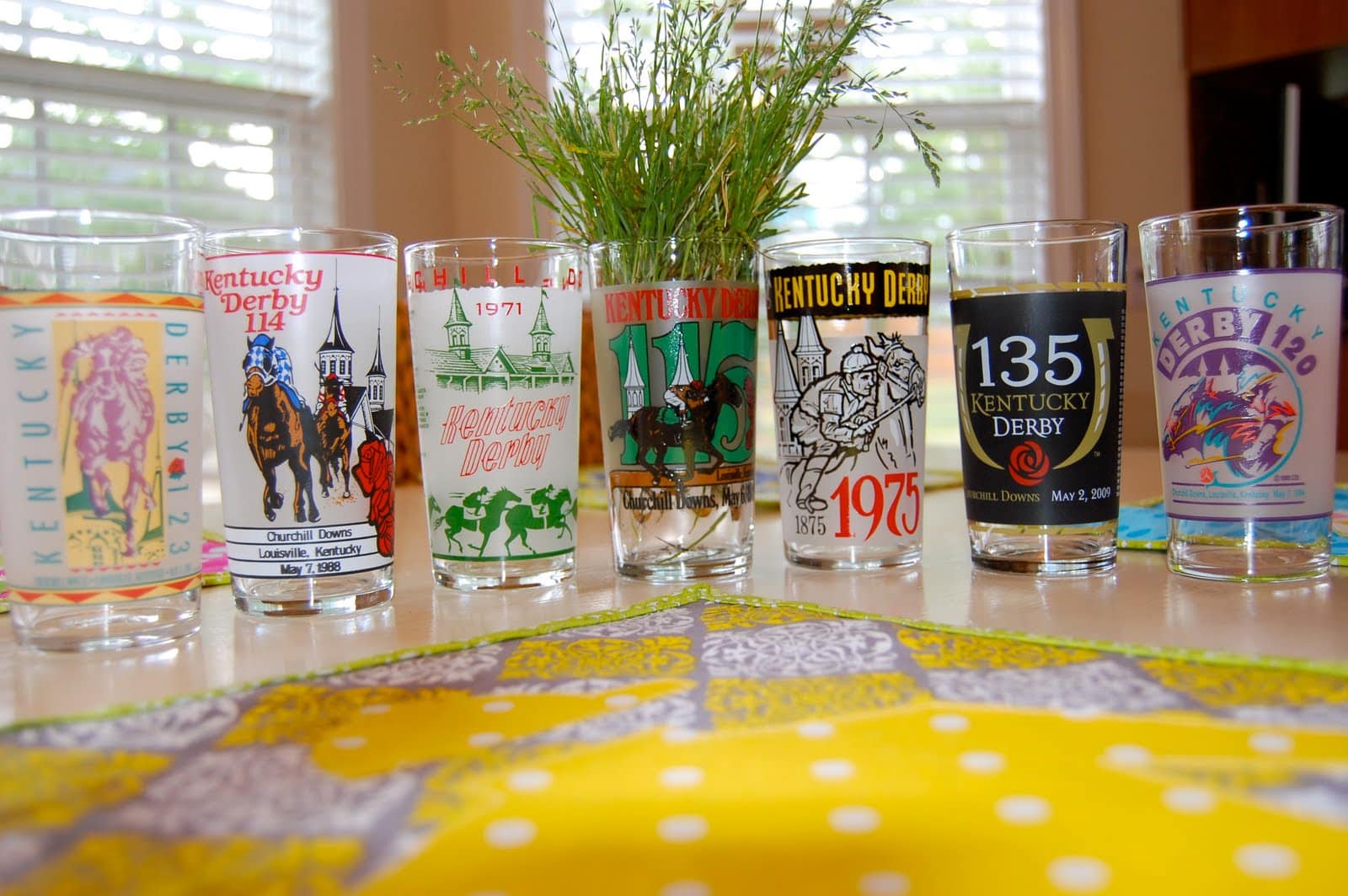 close up of derby glasses on table