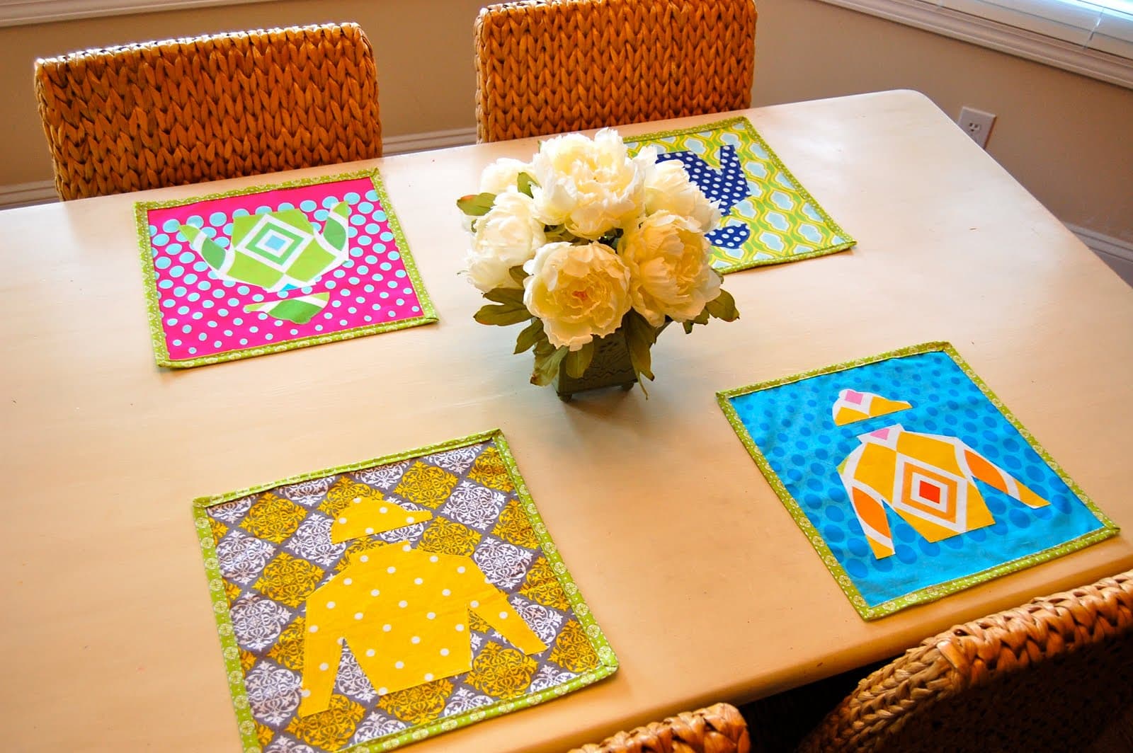 colorful placemats on wood table