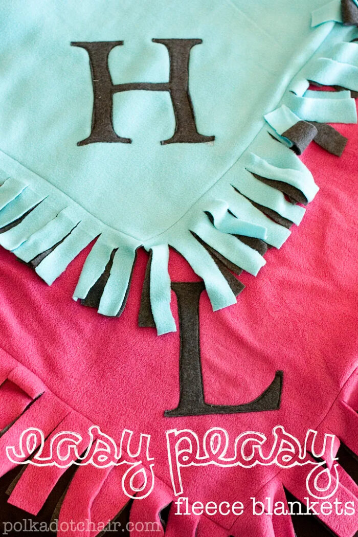 pink and gree fleece blanket under construction