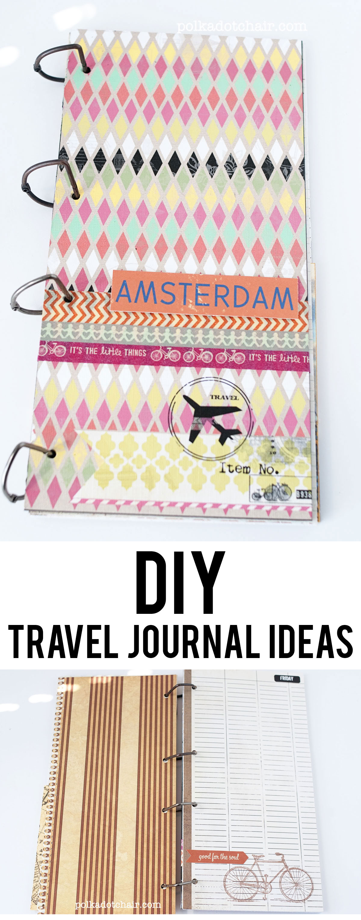 Use scrapbook paper and chipboard to customize your own travel journal. So easy!
