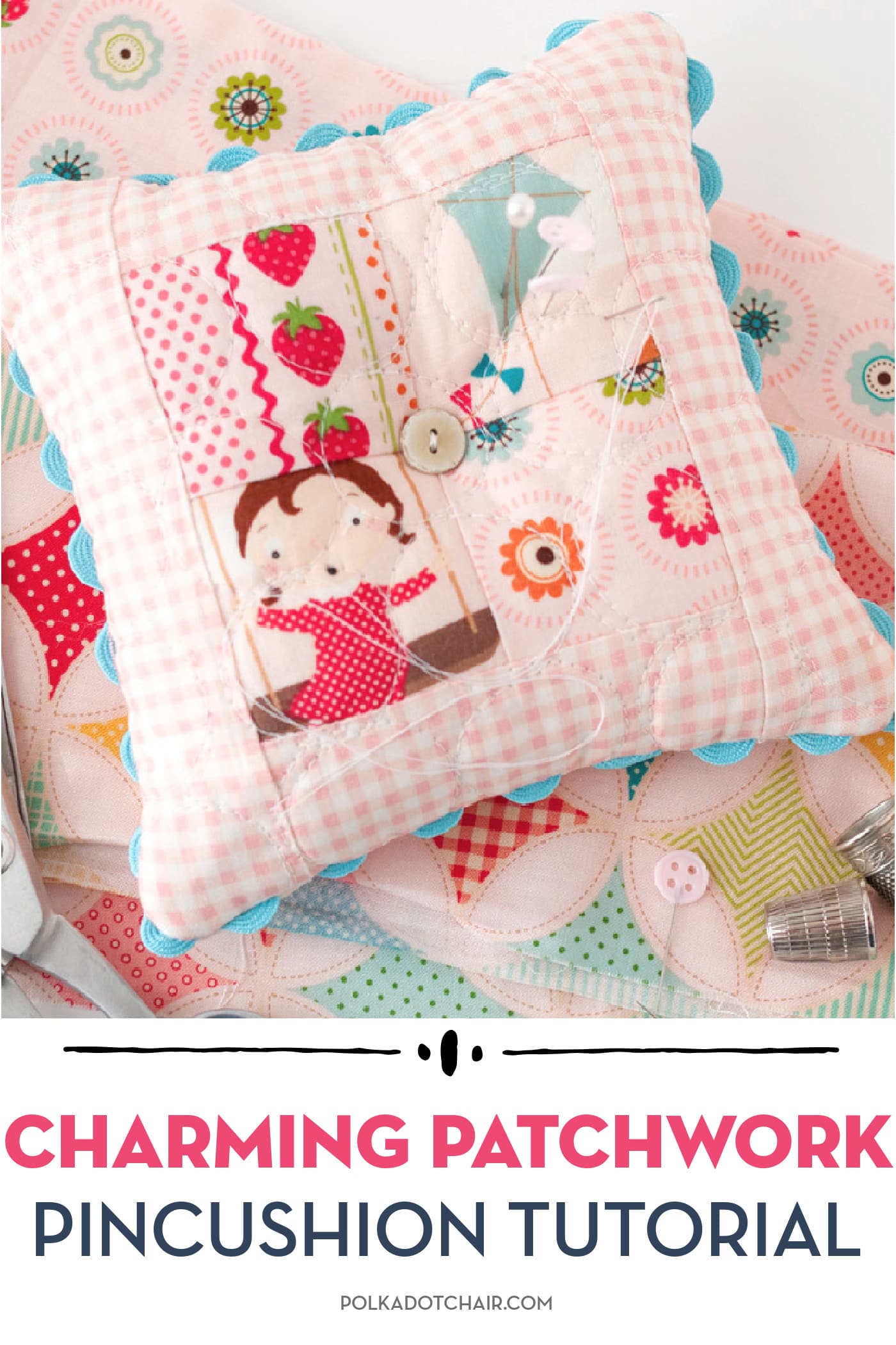 pink patchwork pincushion on gingham paper with sewing notions