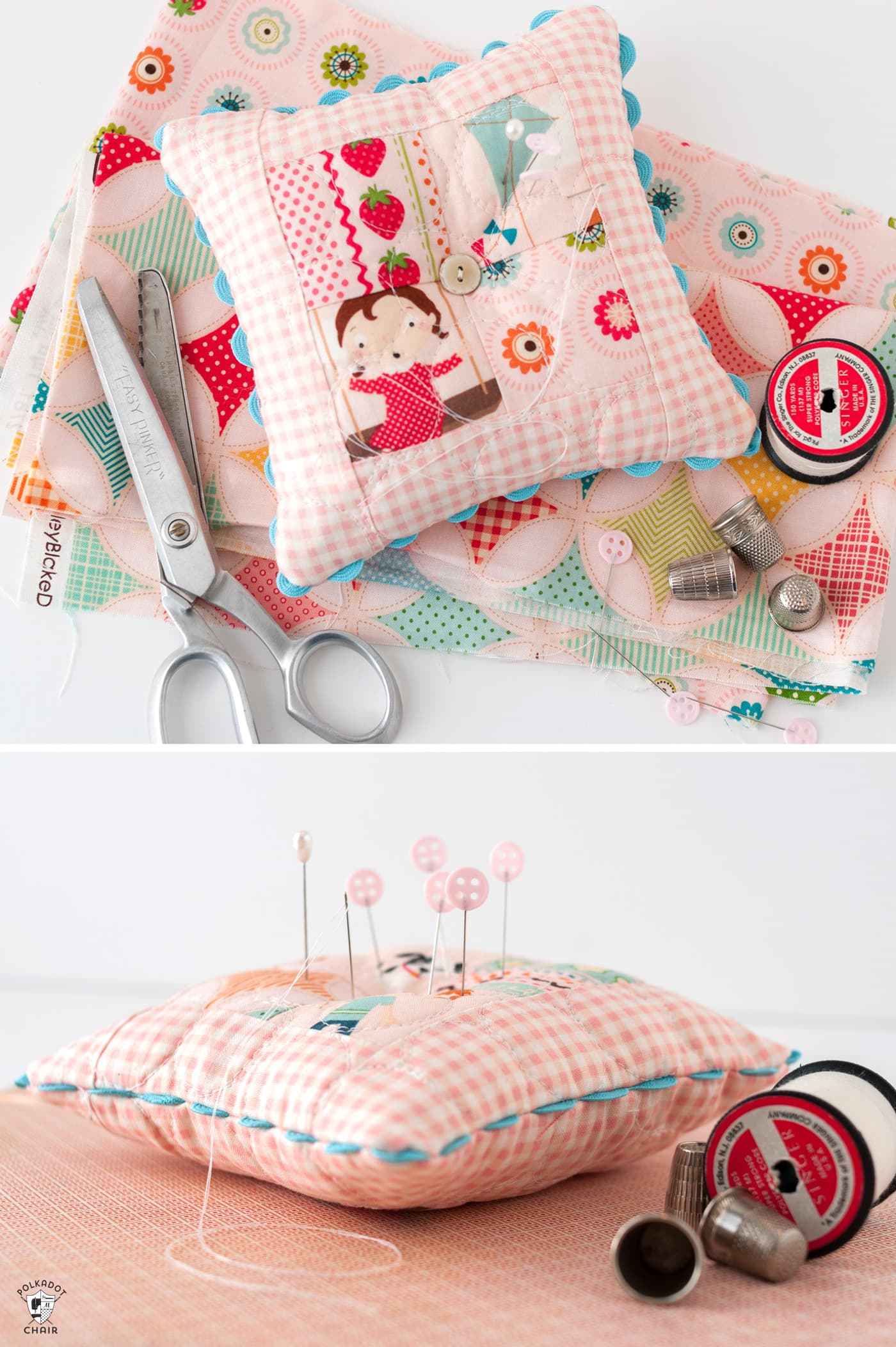pink patchwork pincushion on gingham paper with sewing notions