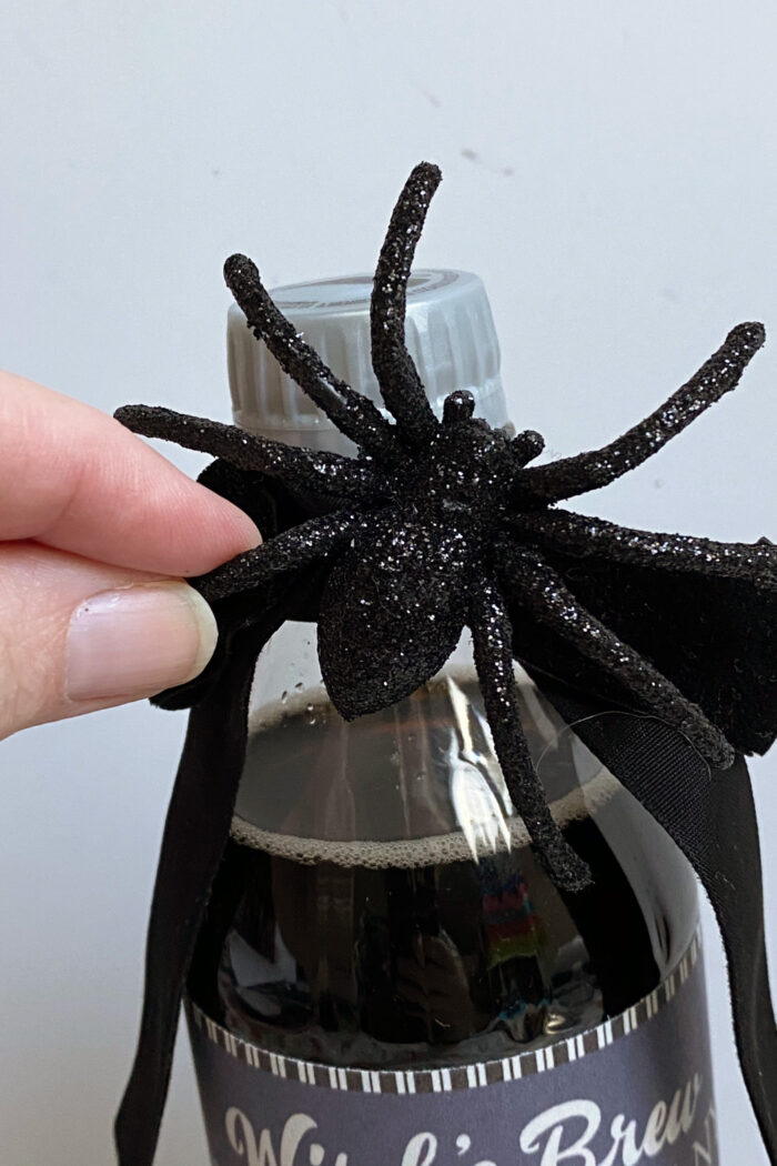 Close up of black glitter spider on soda bottle